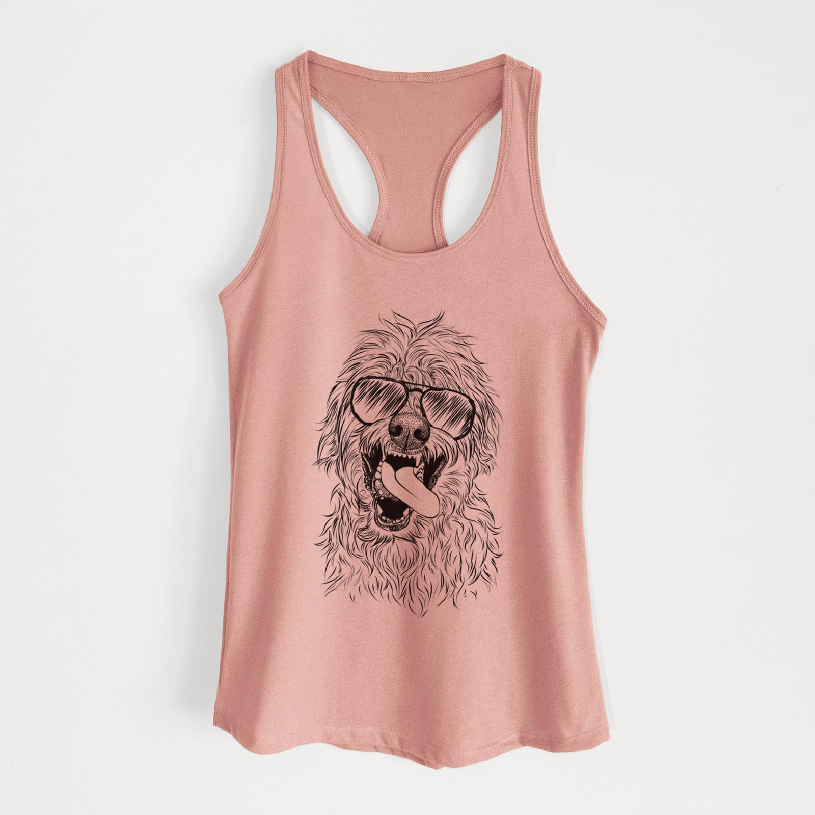 Hand-drawn sketch of Groot the Irish Wolfhound wearing aviator sunglasses on a Desert Pink Women's racerback tanktop