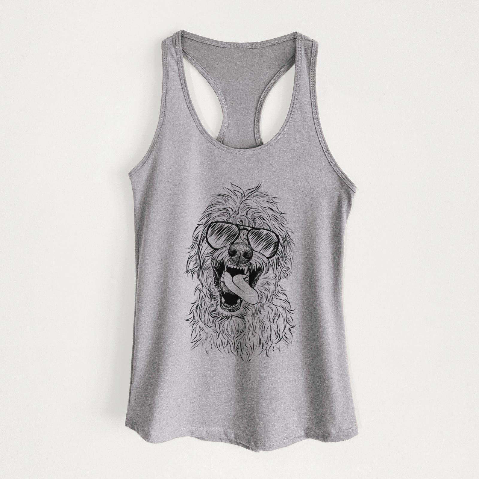 Hand-drawn sketch of Groot the Irish Wolfhound wearing aviator sunglasses on a Heather Grey Women's racerback tanktop