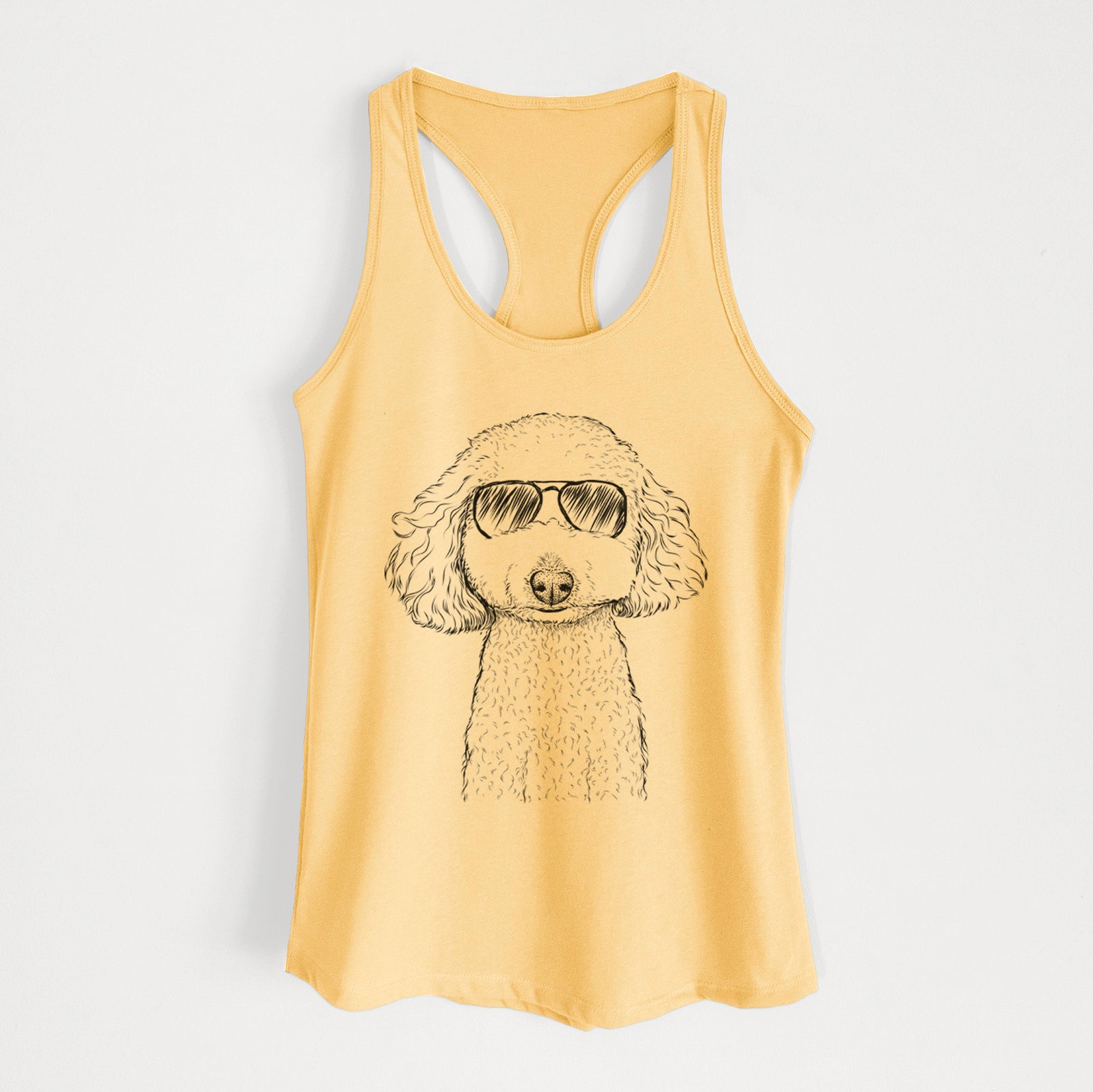 Hand-drawn sketch of Guinness the Toy Poodle Mix wearing aviator sunglasses on a Banana Cream Women's racerback tanktop