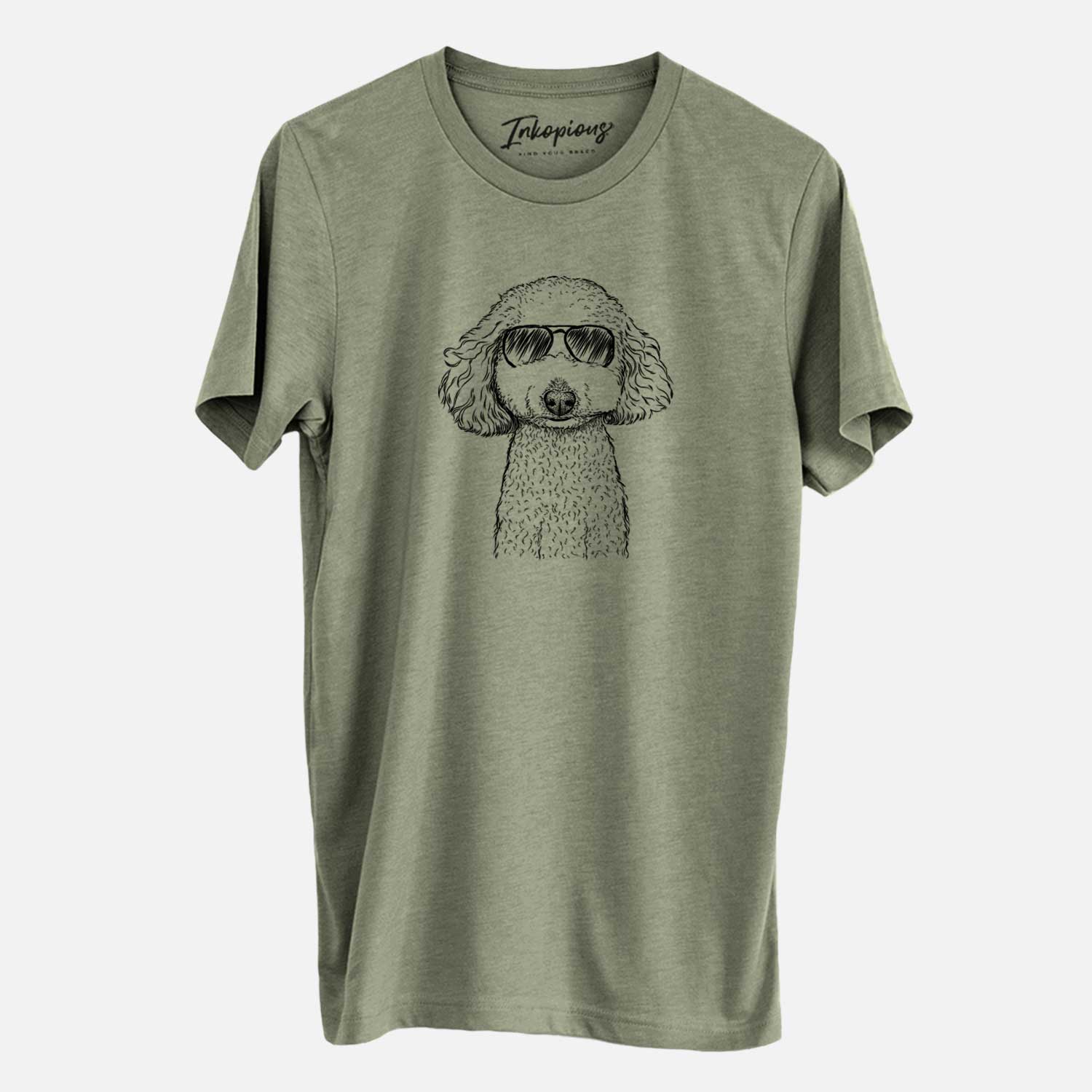 Hand-drawn sketch of Guinness the Toy Poodle Mix wearing aviator sunglasses on an Olive Unisex crewneck
