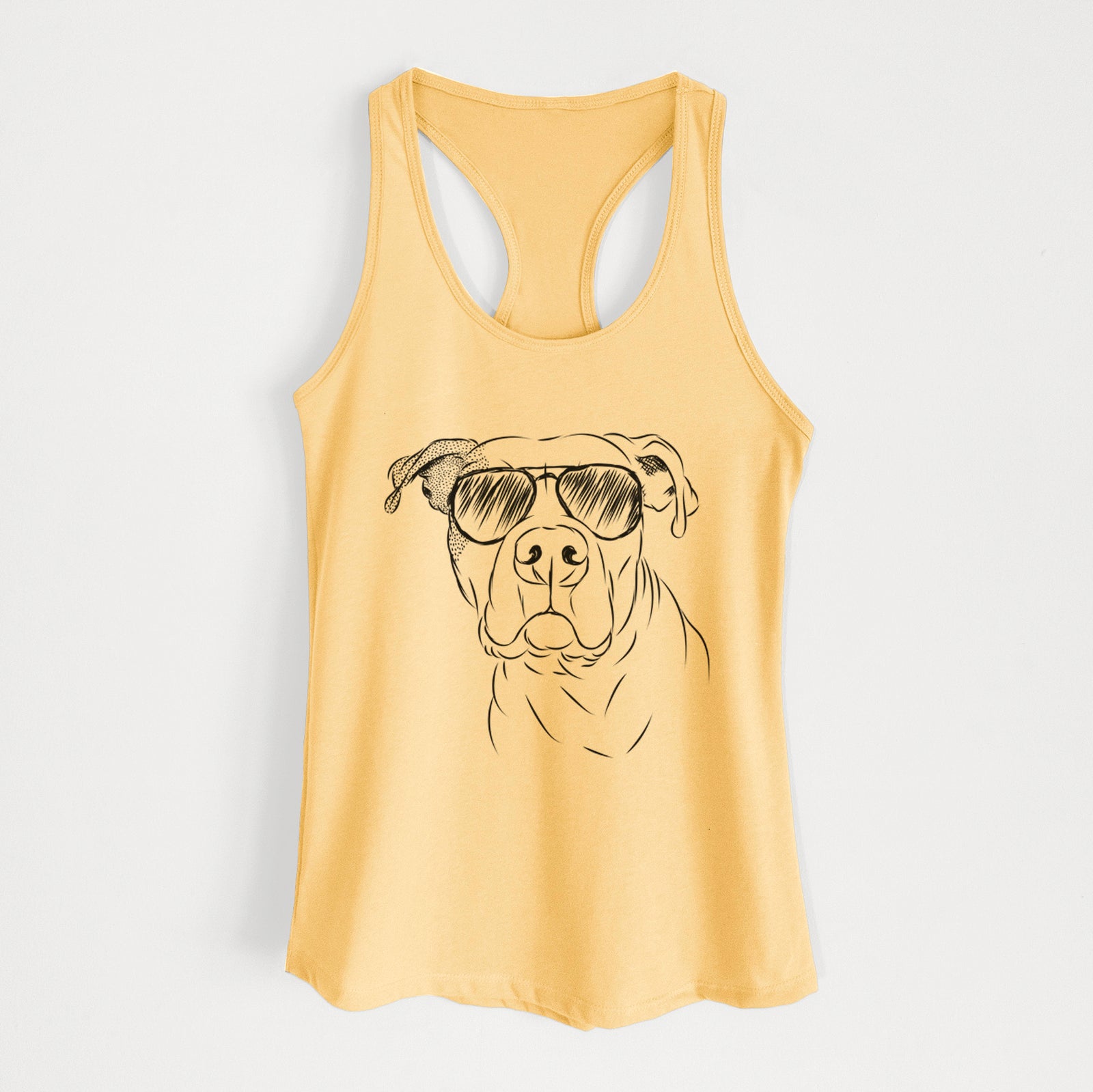 Hand-drawn sketch of Gummy the Pitbull wearing aviator sunglasses on a Banana Cream Women's racerback tanktop