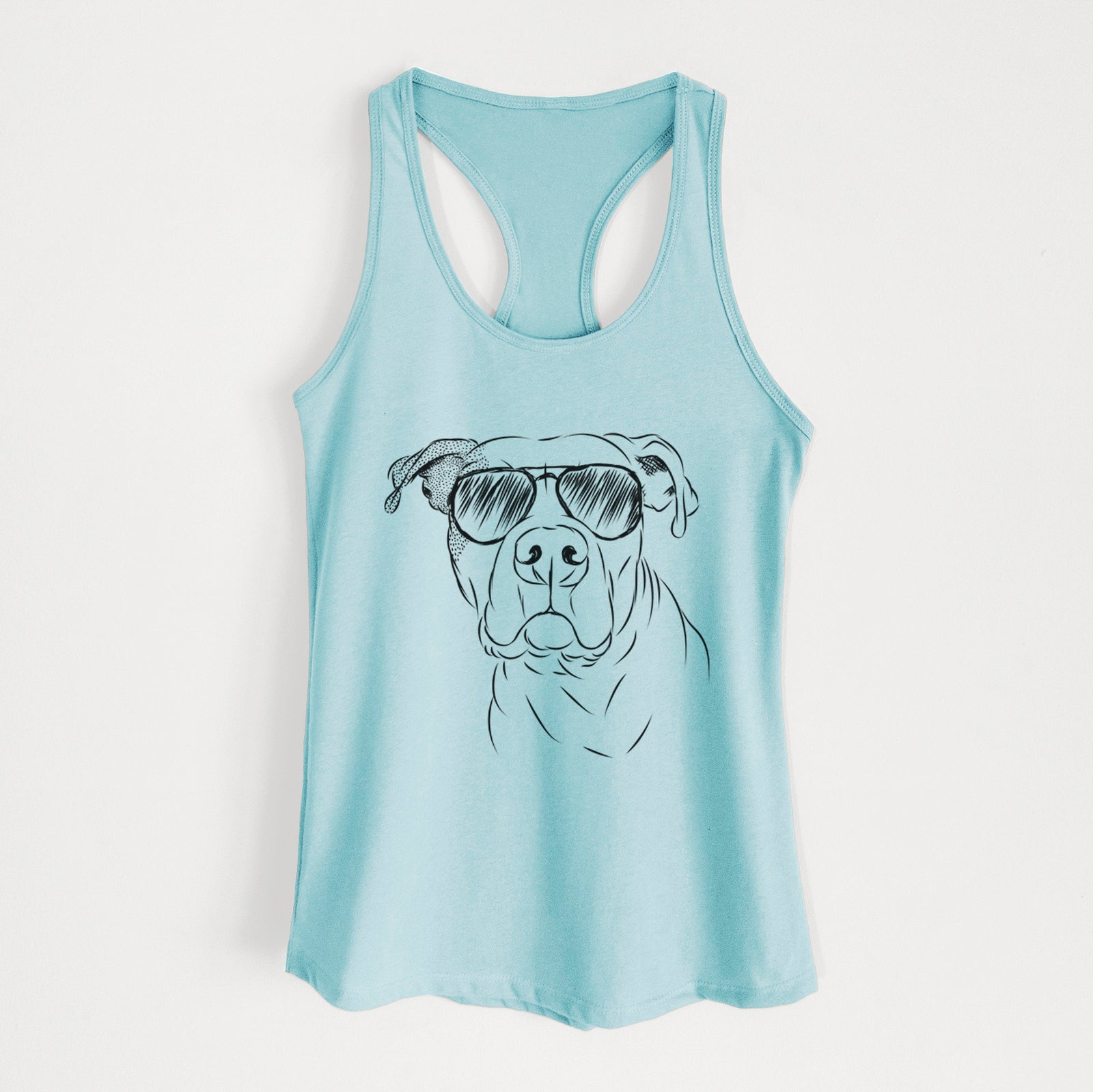 Hand-drawn sketch of Gummy the Pitbull wearing aviator sunglasses on a Cancun Blue Women's racerback tanktop