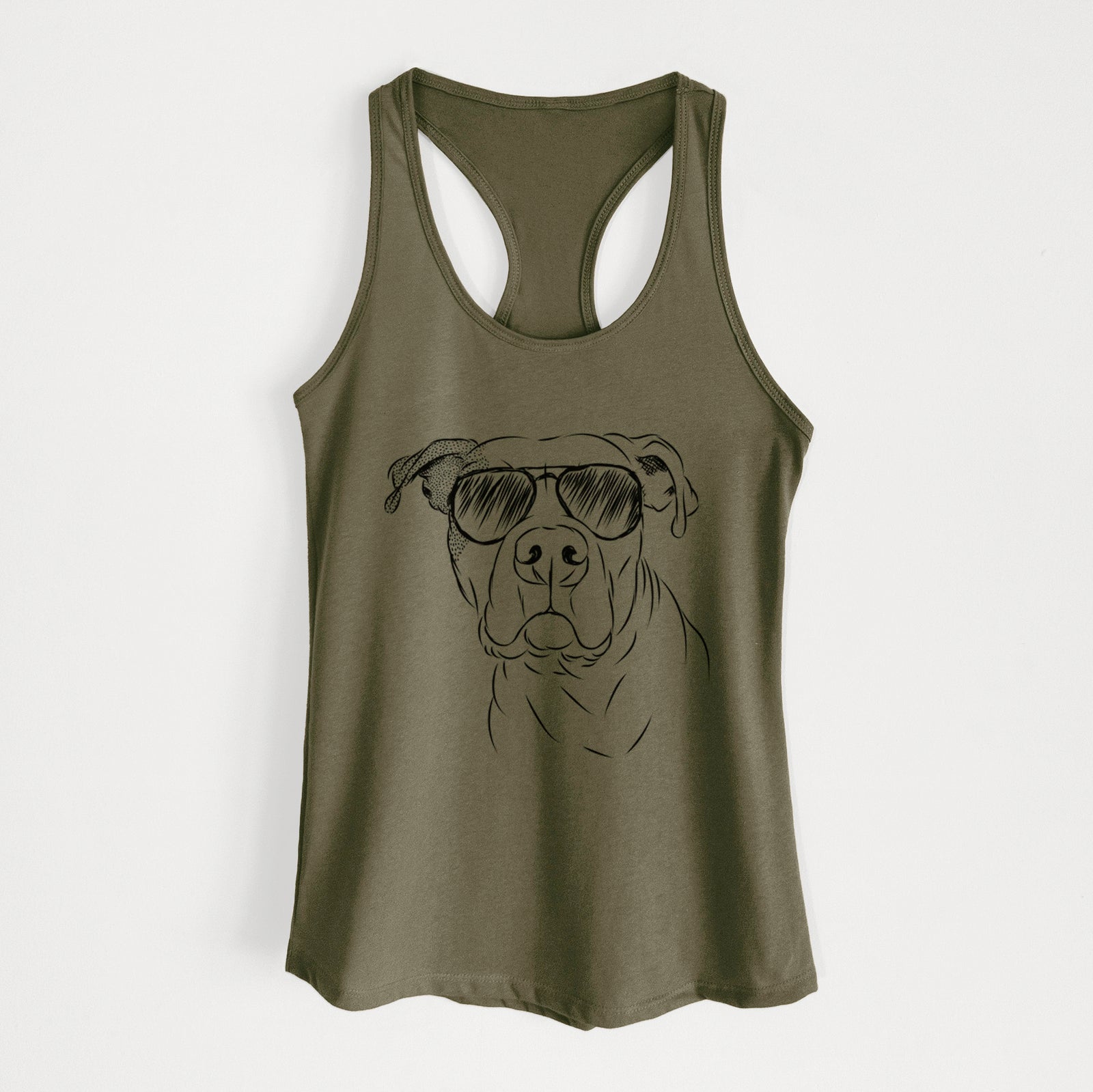 Hand-drawn sketch of Gummy the Pitbull wearing aviator sunglasses on a Military Green Women's racerback tanktop