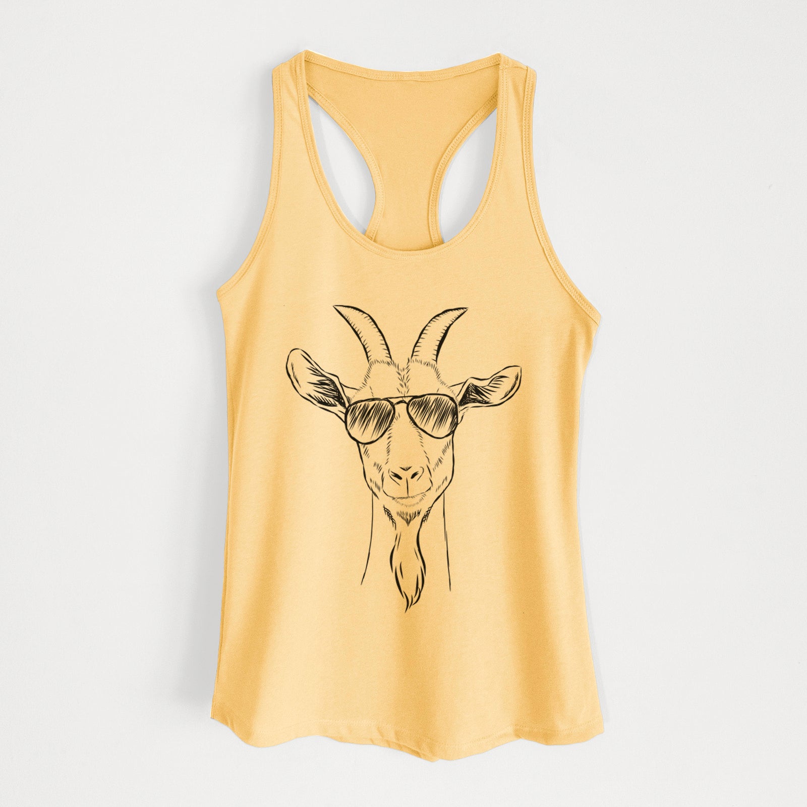 Hand-drawn sketch of Gunnar the Goat wearing aviator sunglasses on a Banana Cream Women's racerback tanktop