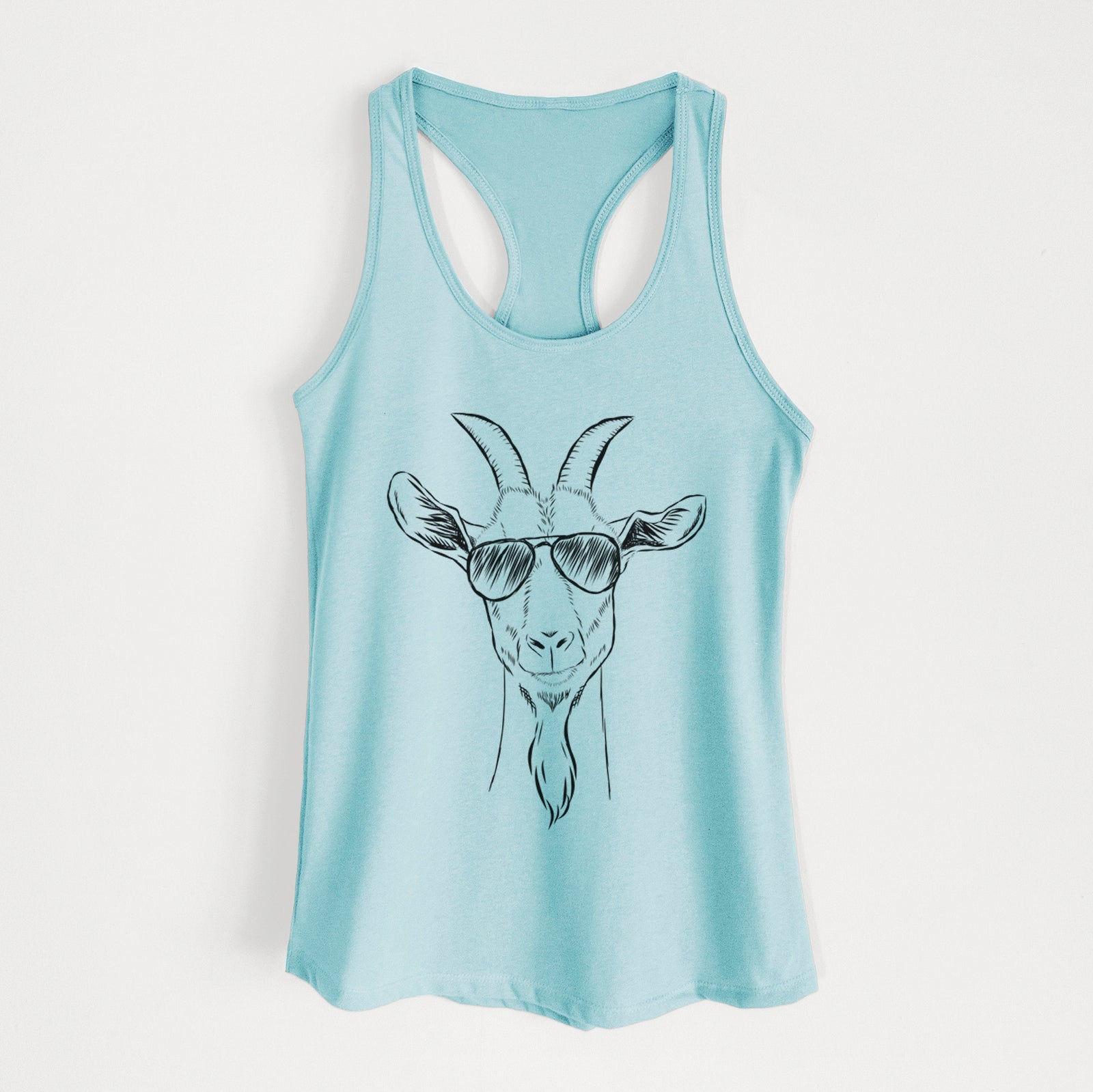 Hand-drawn sketch of Gunnar the Goat wearing aviator sunglasses on a Cancun Blue Women's racerback tanktop