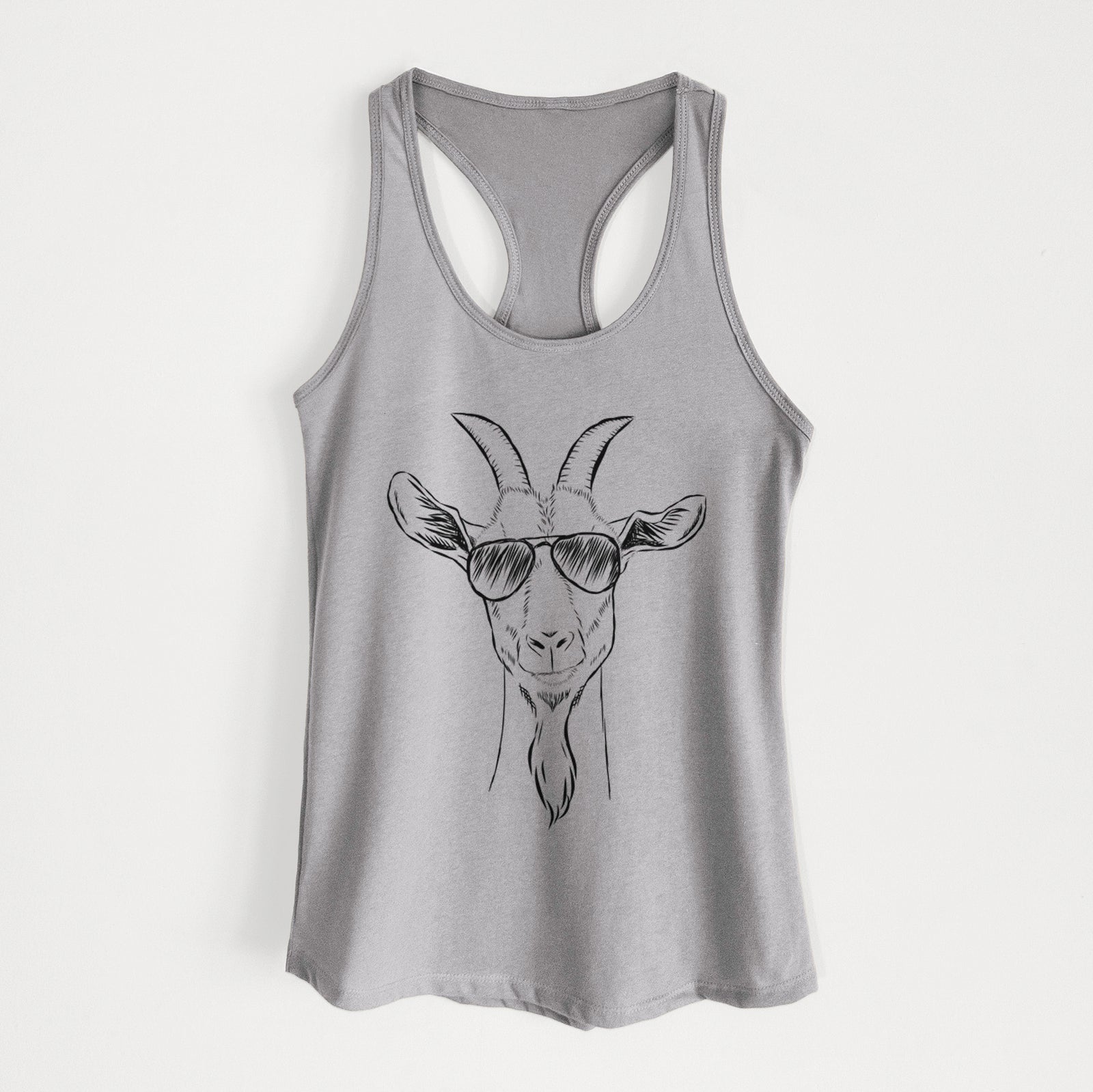 Hand-drawn sketch of Gunnar the Goat wearing aviator sunglasses on a Heather Grey Women's racerback tanktop