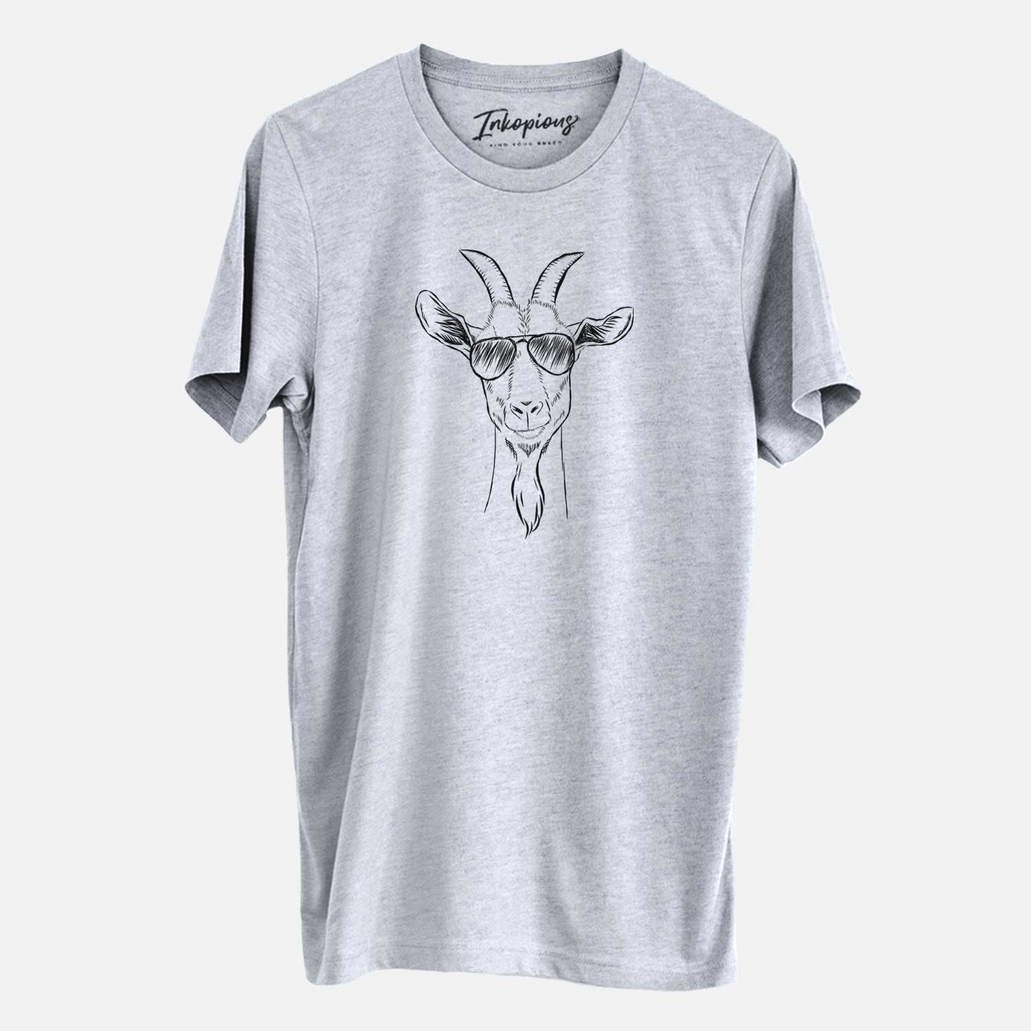 Hand-drawn sketch of Gunnar the Goat wearing aviator sunglasses on a Grey Unisex crewneck
