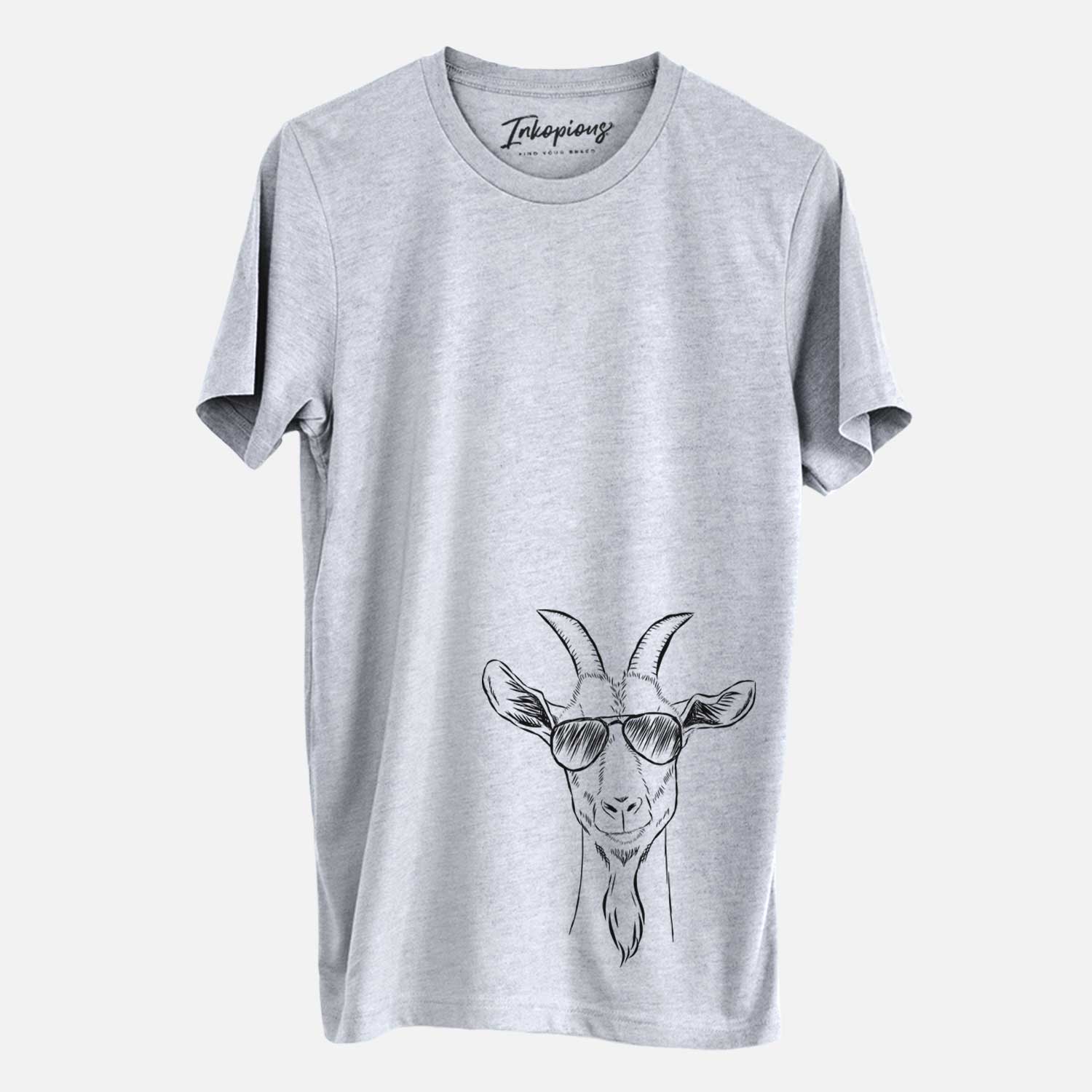 Hand-drawn sketch of Gunnar the Goat wearing aviator sunglasses on a Grey Unisex crewneck