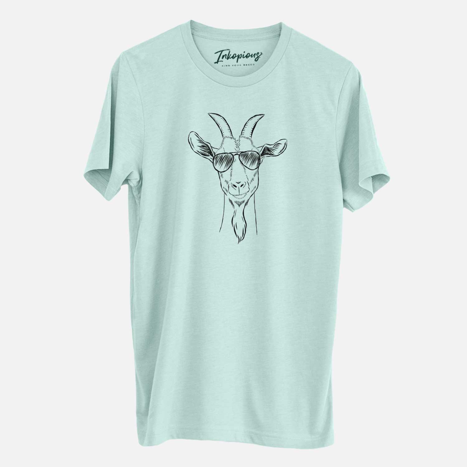 Hand-drawn sketch of Gunnar the Goat wearing aviator sunglasses on a Heather Sage Unisex crewneck