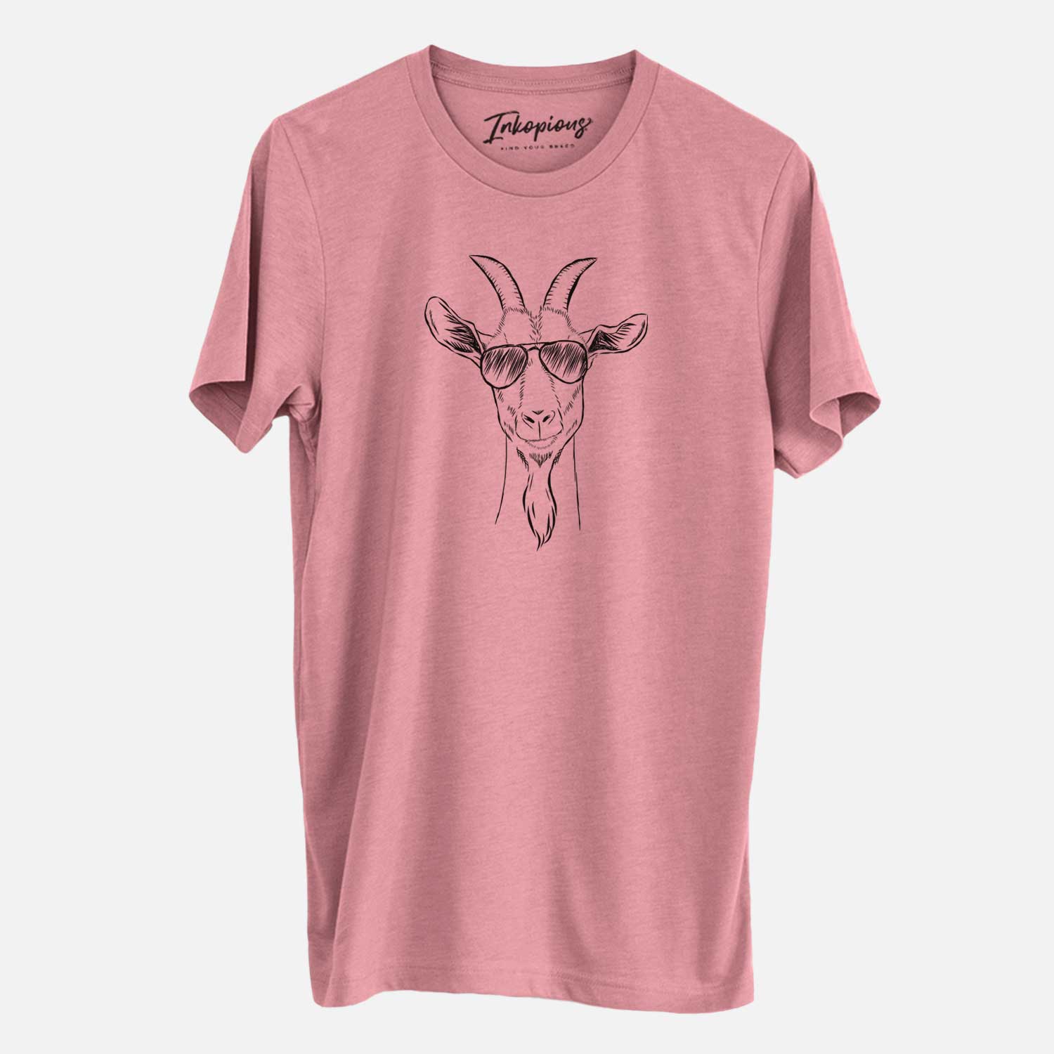 Hand-drawn sketch of Gunnar the Goat wearing aviator sunglasses on a Mauve Unisex crewneck