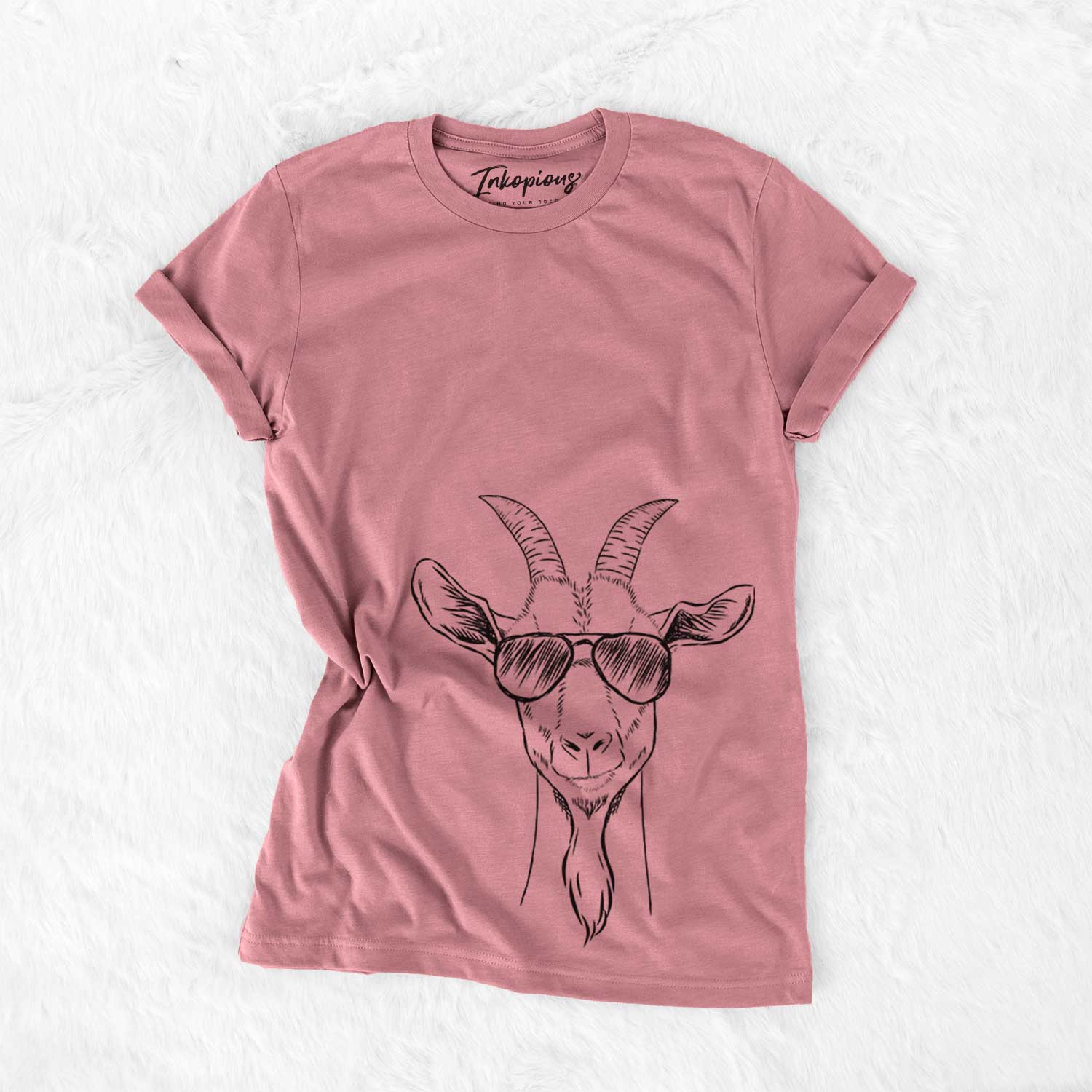 Hand-drawn sketch of Gunnar the Goat wearing aviator sunglasses on a Mauve Bella Canvas Unisex Crewneck