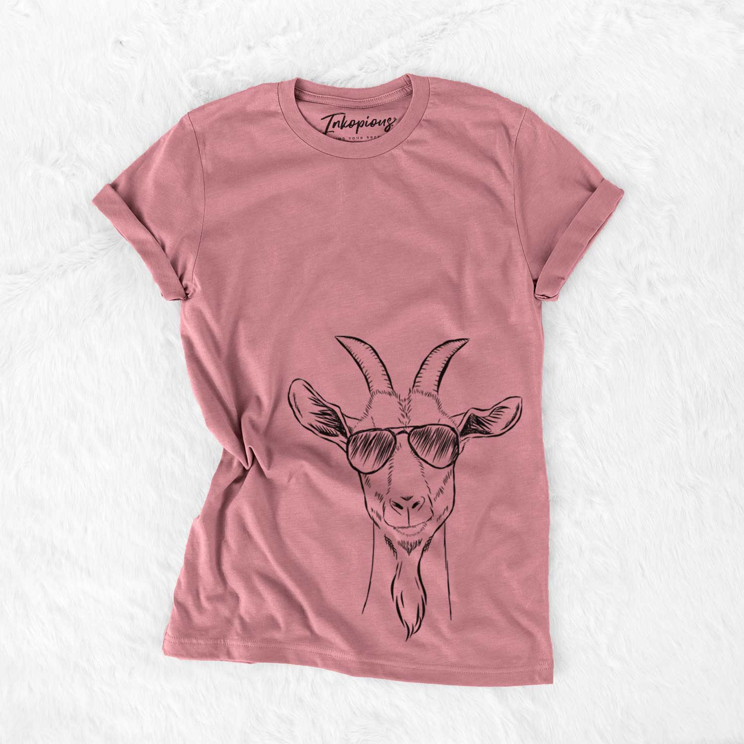 Hand-drawn sketch of Gunnar the Goat wearing aviator sunglasses on a Mauve Unisex crewneck