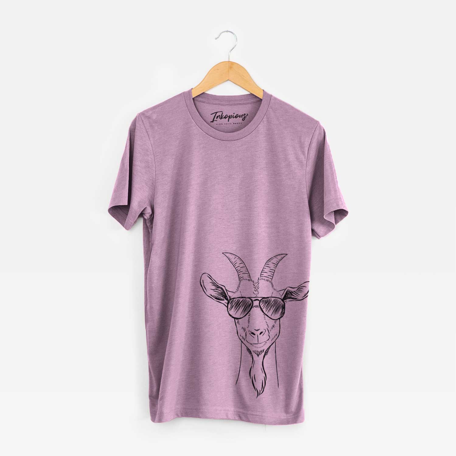 Hand-drawn sketch of Gunnar the Goat wearing aviator sunglasses on an Orchid Bella Canvas Unisex Crewneck