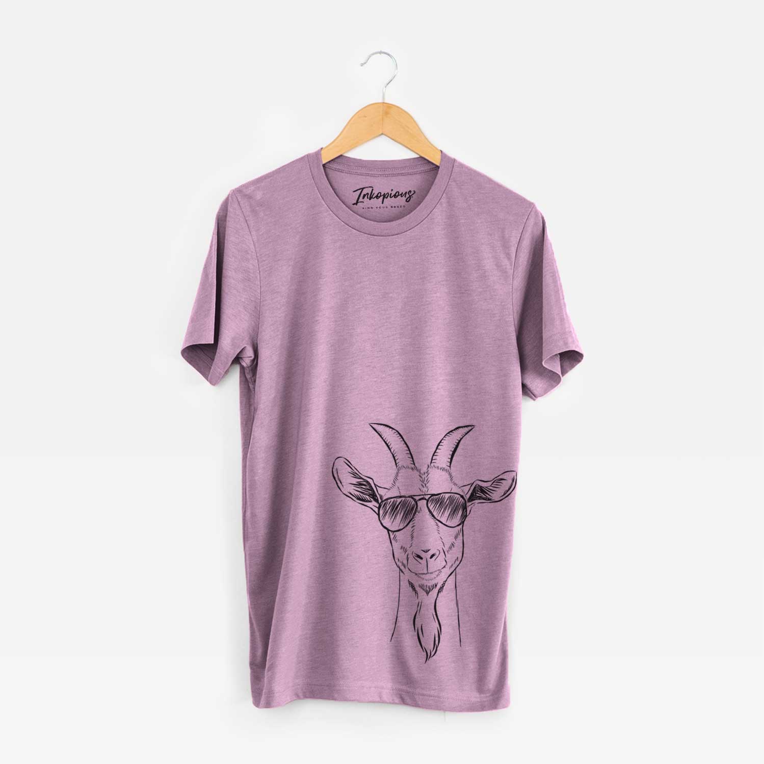 Hand-drawn sketch of Gunnar the Goat wearing aviator sunglasses on an Orchid Unisex crewneck