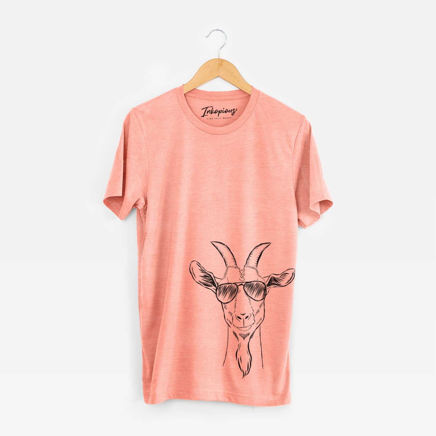 Hand-drawn sketch of Gunnar the Goat wearing aviator sunglasses on a Sunset Unisex crewneck