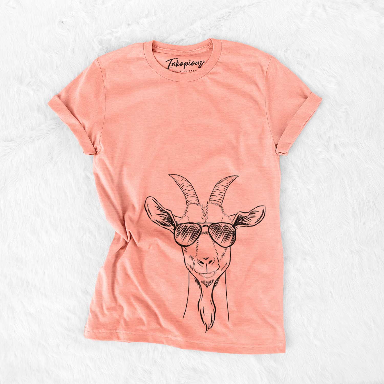 Hand-drawn sketch of Gunnar the Goat wearing aviator sunglasses on a Sunset Bella Canvas Unisex Crewneck