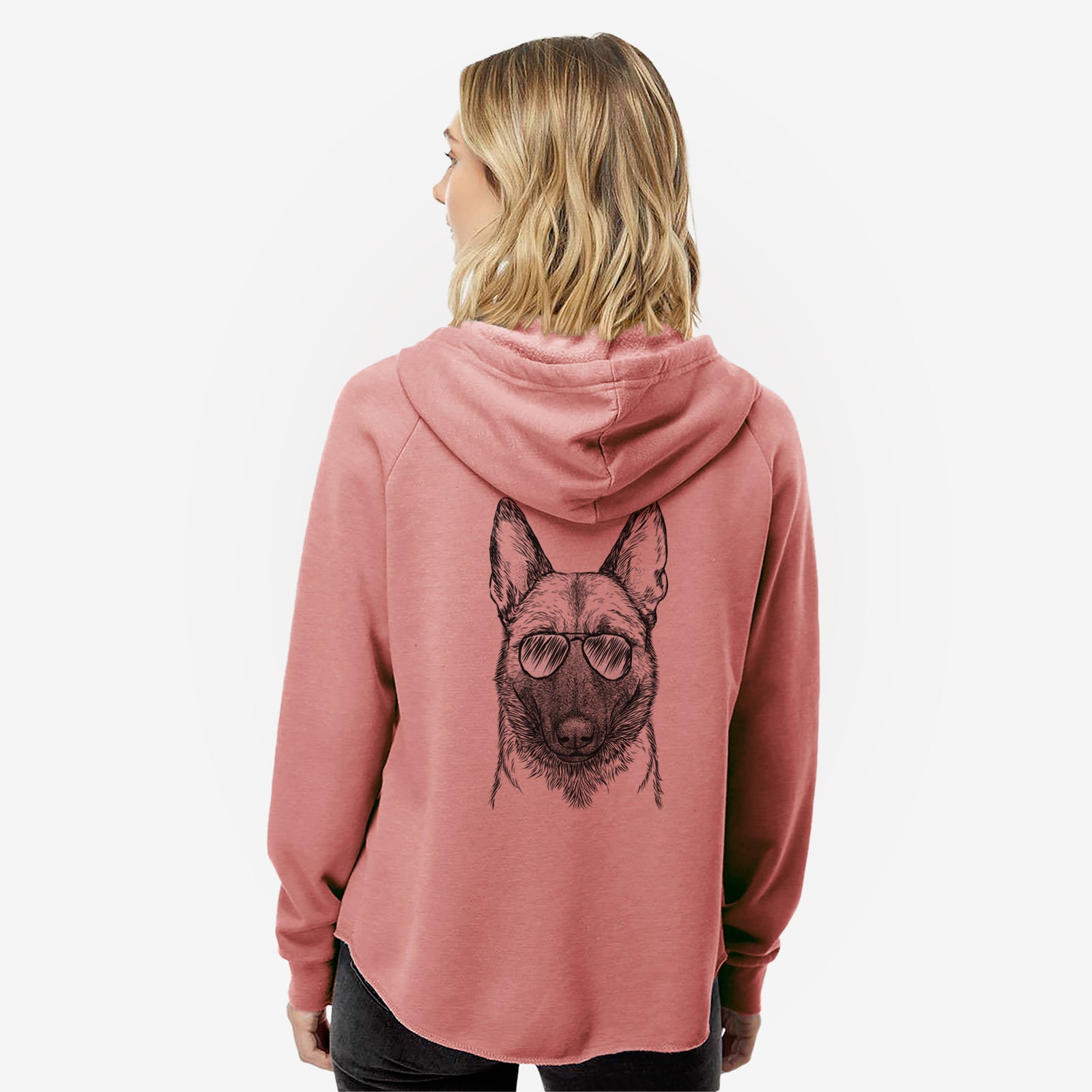 Hand-drawn sketch of Gunther the Belgian Malinois wearing aviator sunglasses on a Dusty Rose Women's cali wave zip-up sweatshirt