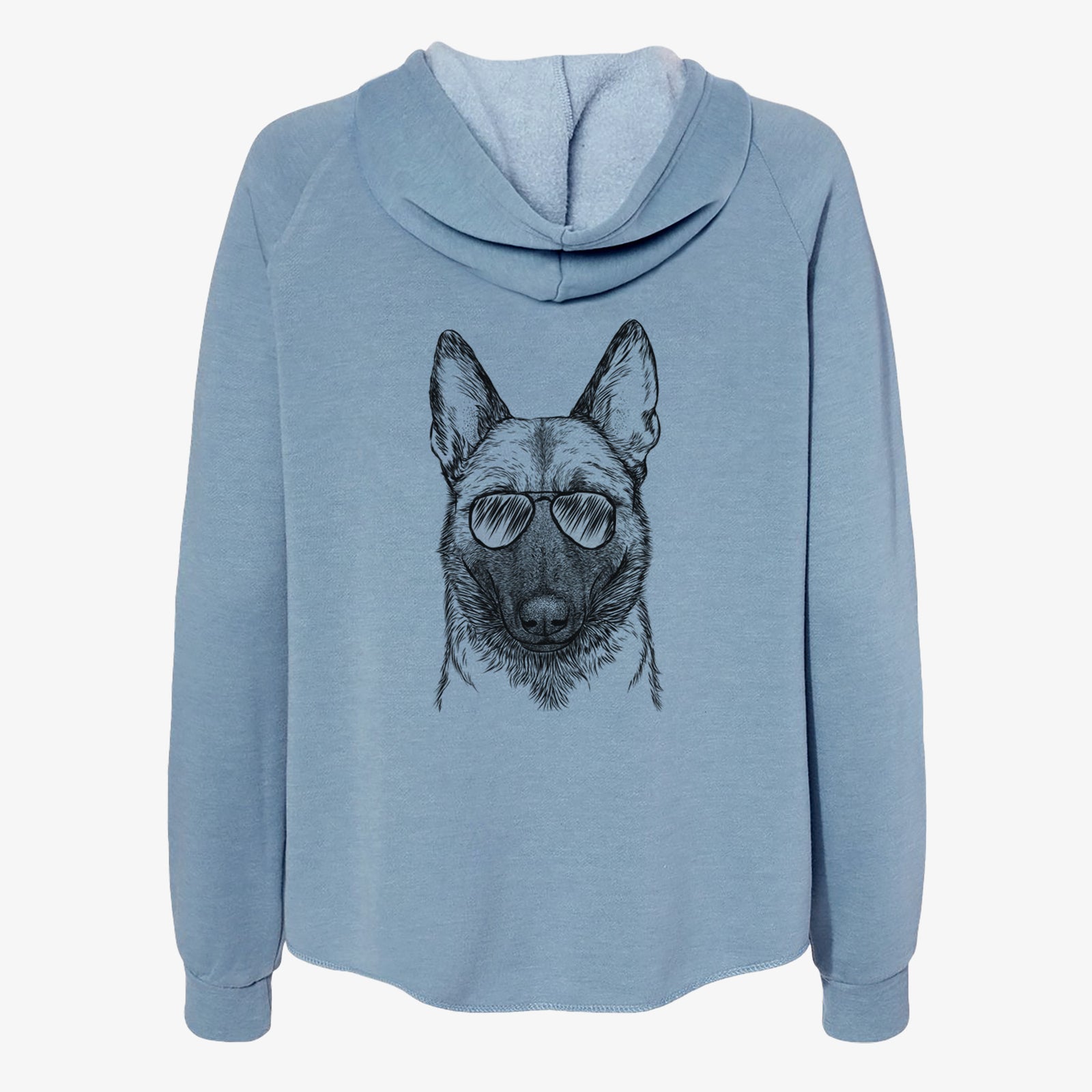 Hand-drawn sketch of Gunther the Belgian Malinois wearing aviator sunglasses on a Misty Blue Women's cali wave zip-up sweatshirt