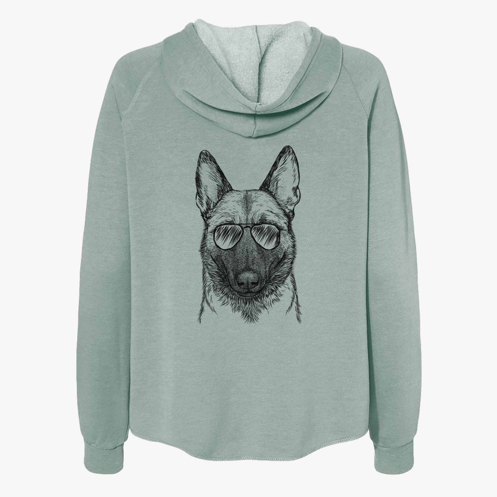 Hand-drawn sketch of Gunther the Belgian Malinois wearing aviator sunglasses on a Sage Women's cali wave zip-up sweatshirt
