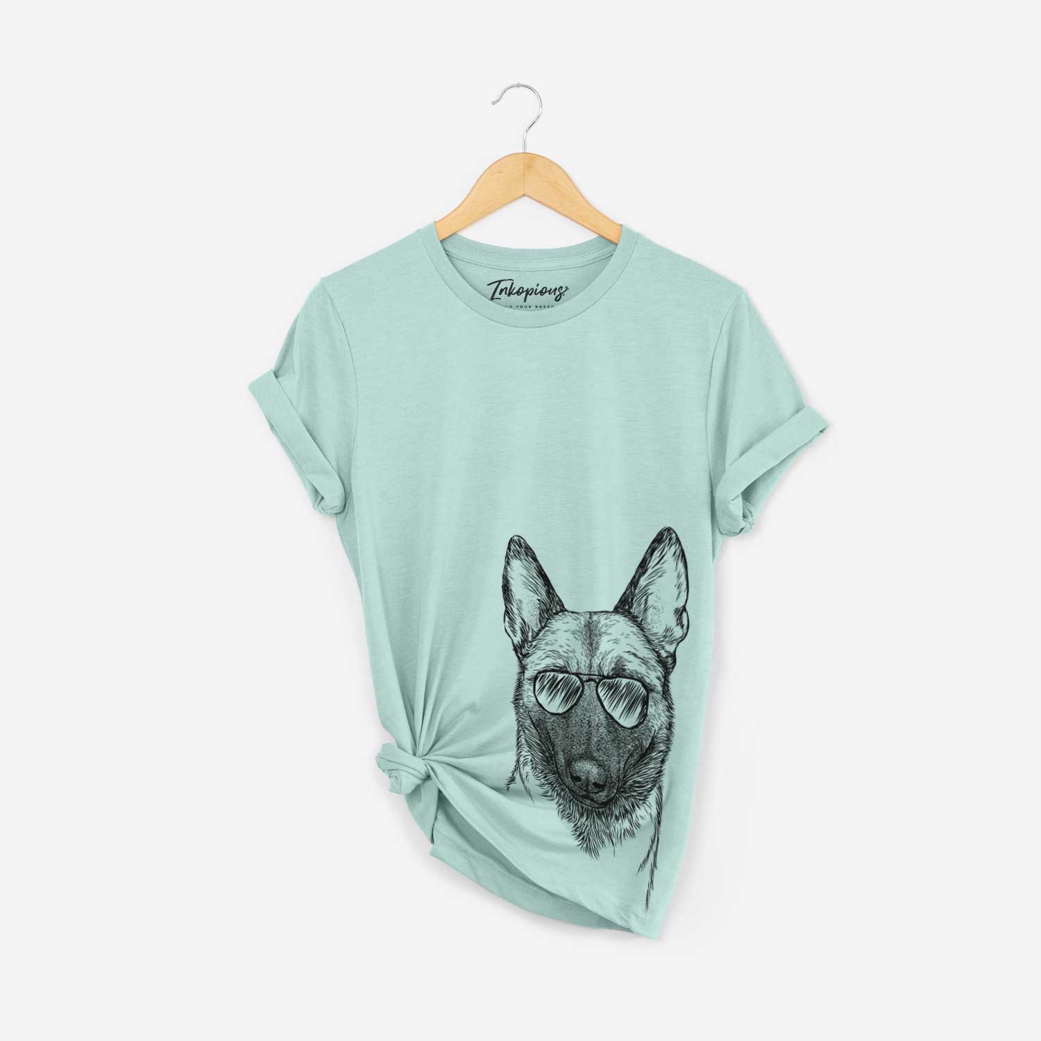 Hand-drawn sketch of Gunther the Belgian Malinois wearing aviator sunglasses on a Heather Sage Bella Canvas Unisex Crewneck