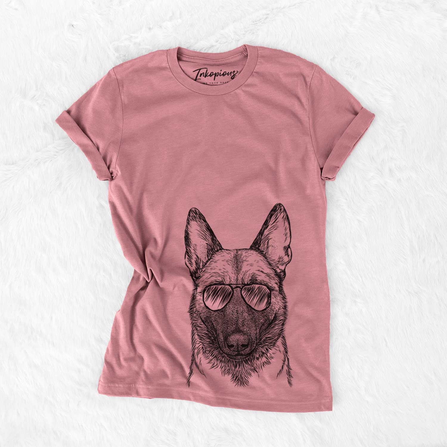 Hand-drawn sketch of Gunther the Belgian Malinois wearing aviator sunglasses on a Mauve Bella Canvas Unisex Crewneck