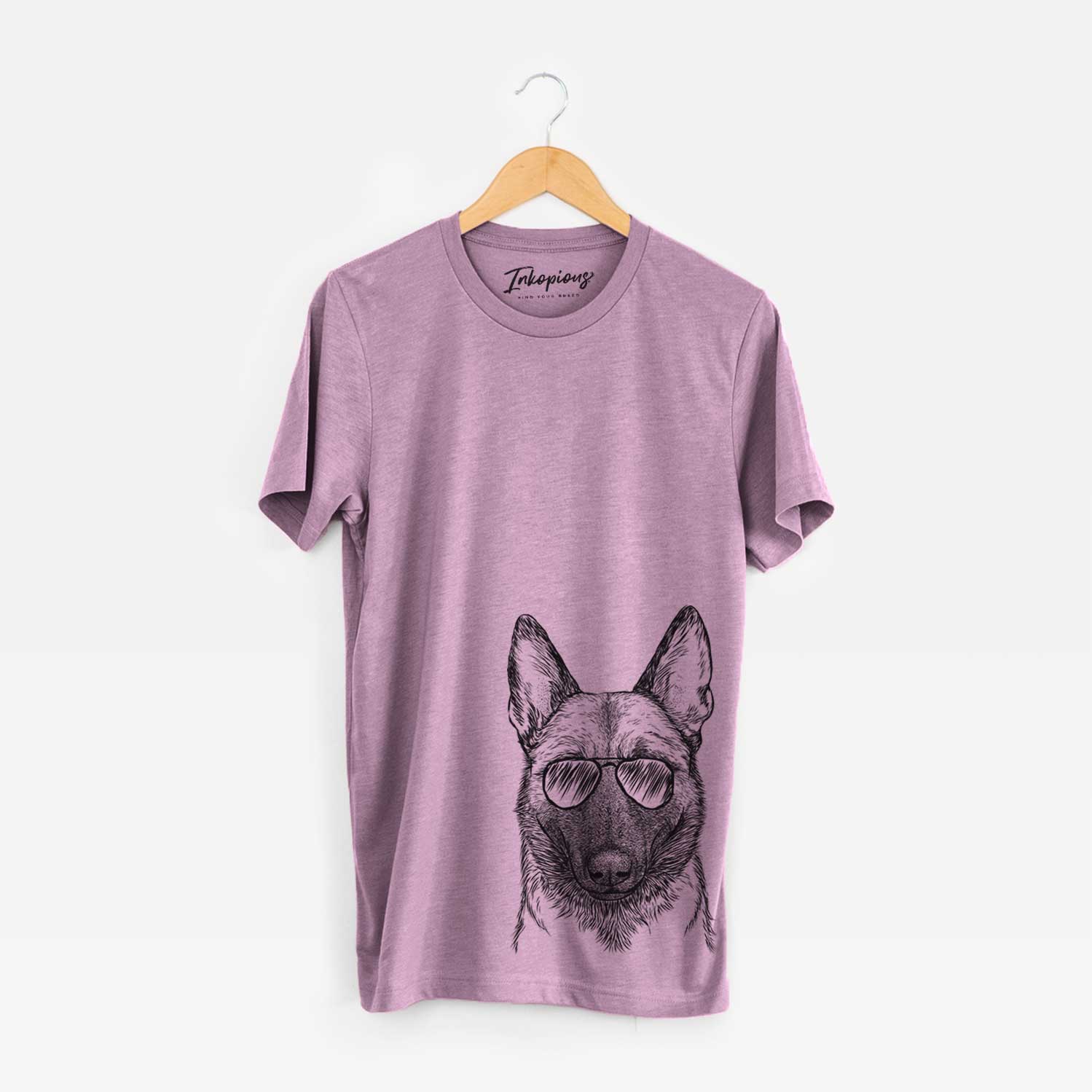 Hand-drawn sketch of Gunther the Belgian Malinois wearing aviator sunglasses on an Orchid Bella Canvas Unisex Crewneck