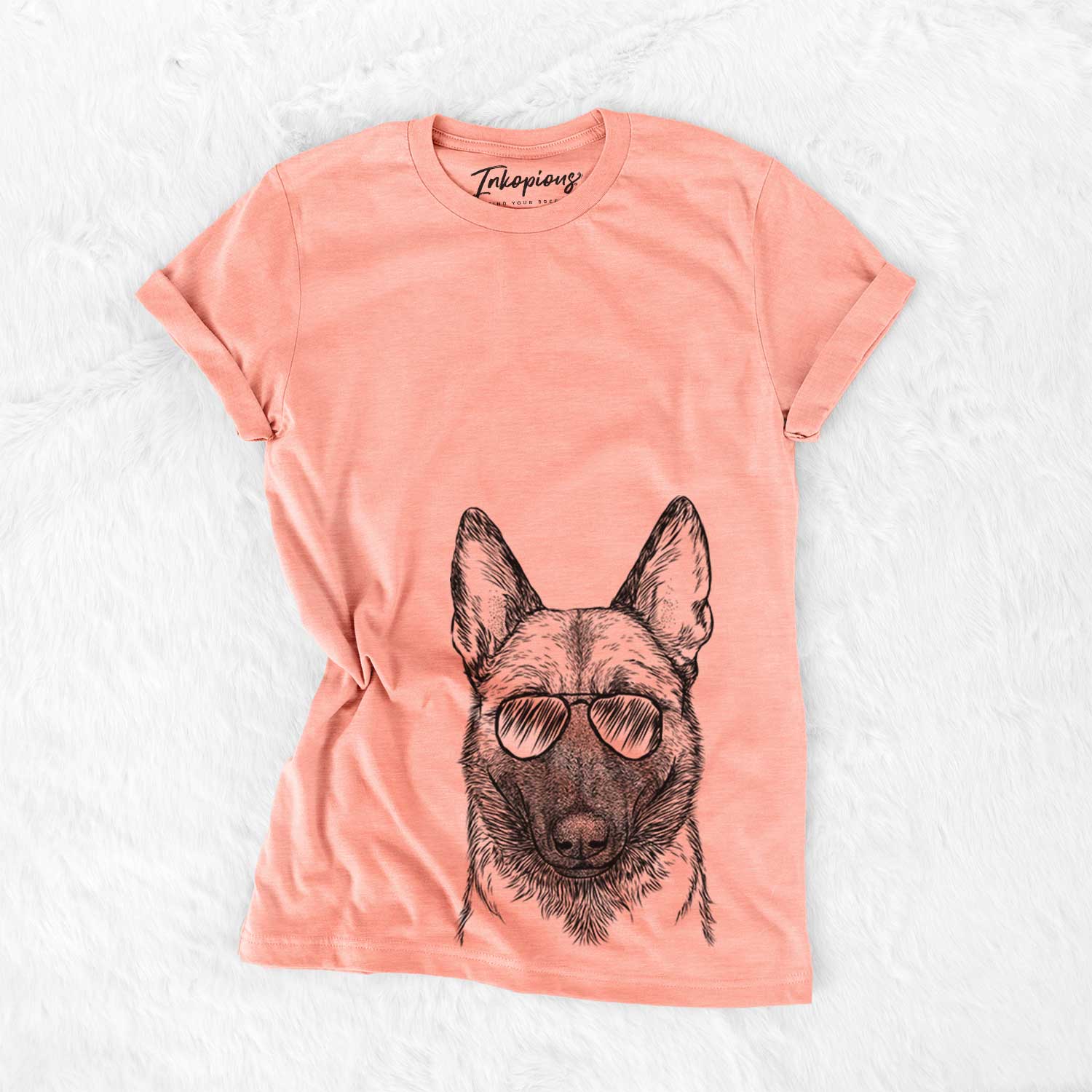 Hand-drawn sketch of Gunther the Belgian Malinois wearing aviator sunglasses on a Sunset Bella Canvas Unisex Crewneck