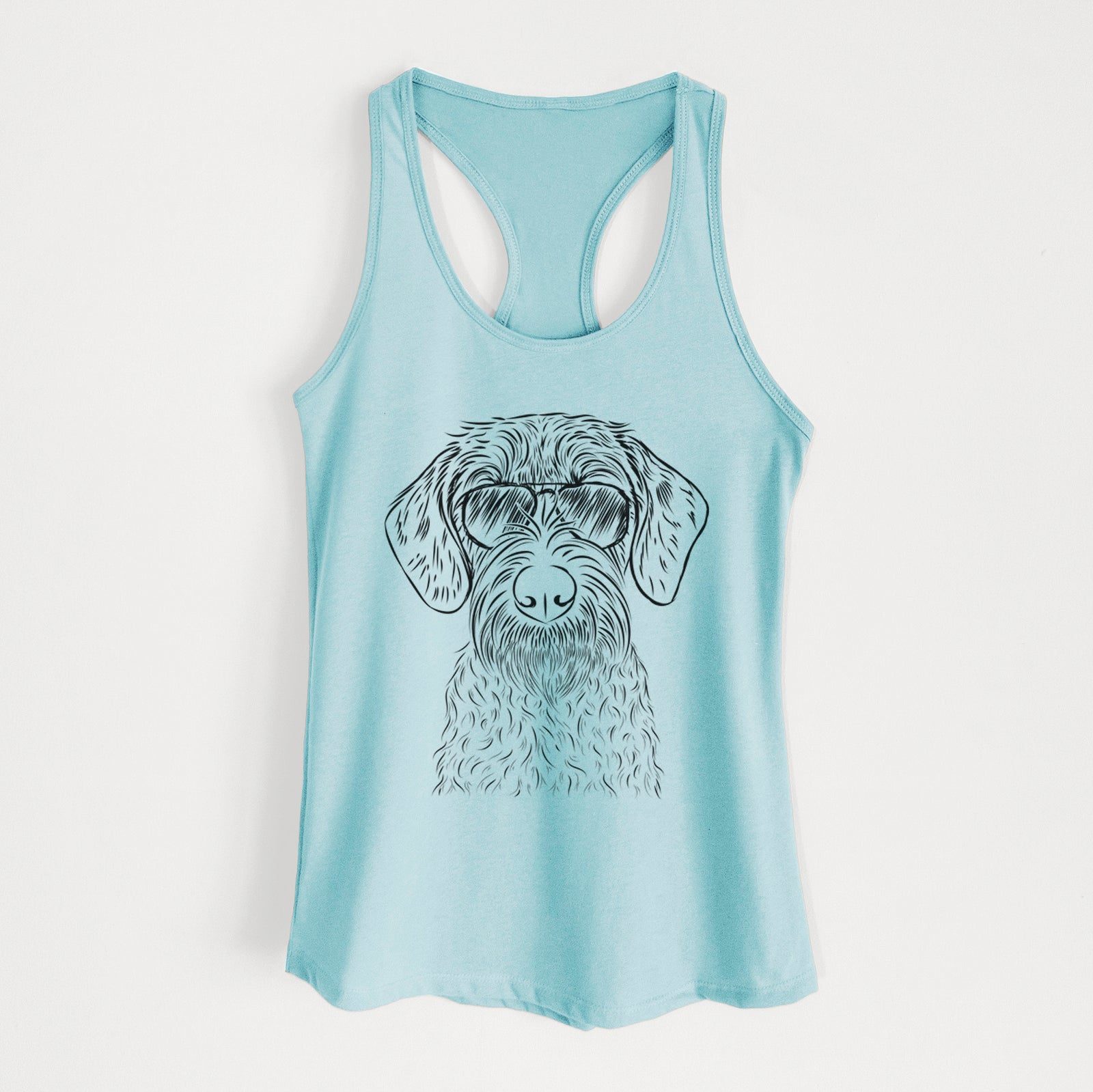 Hand-drawn sketch of Gus the German Wirehaired Pointer wearing aviator sunglasses on a Cancun Blue Women's racerback tanktop