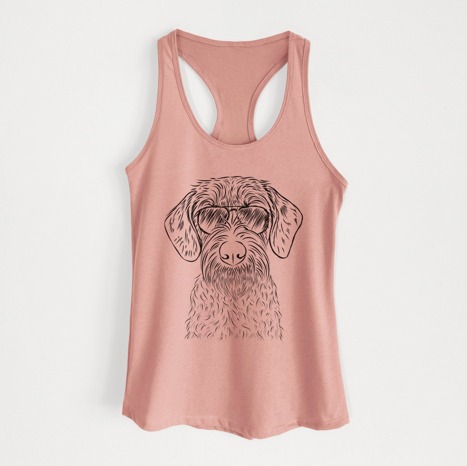 Hand-drawn sketch of Gus the German Wirehaired Pointer wearing aviator sunglasses on a Desert Pink Women's racerback tanktop