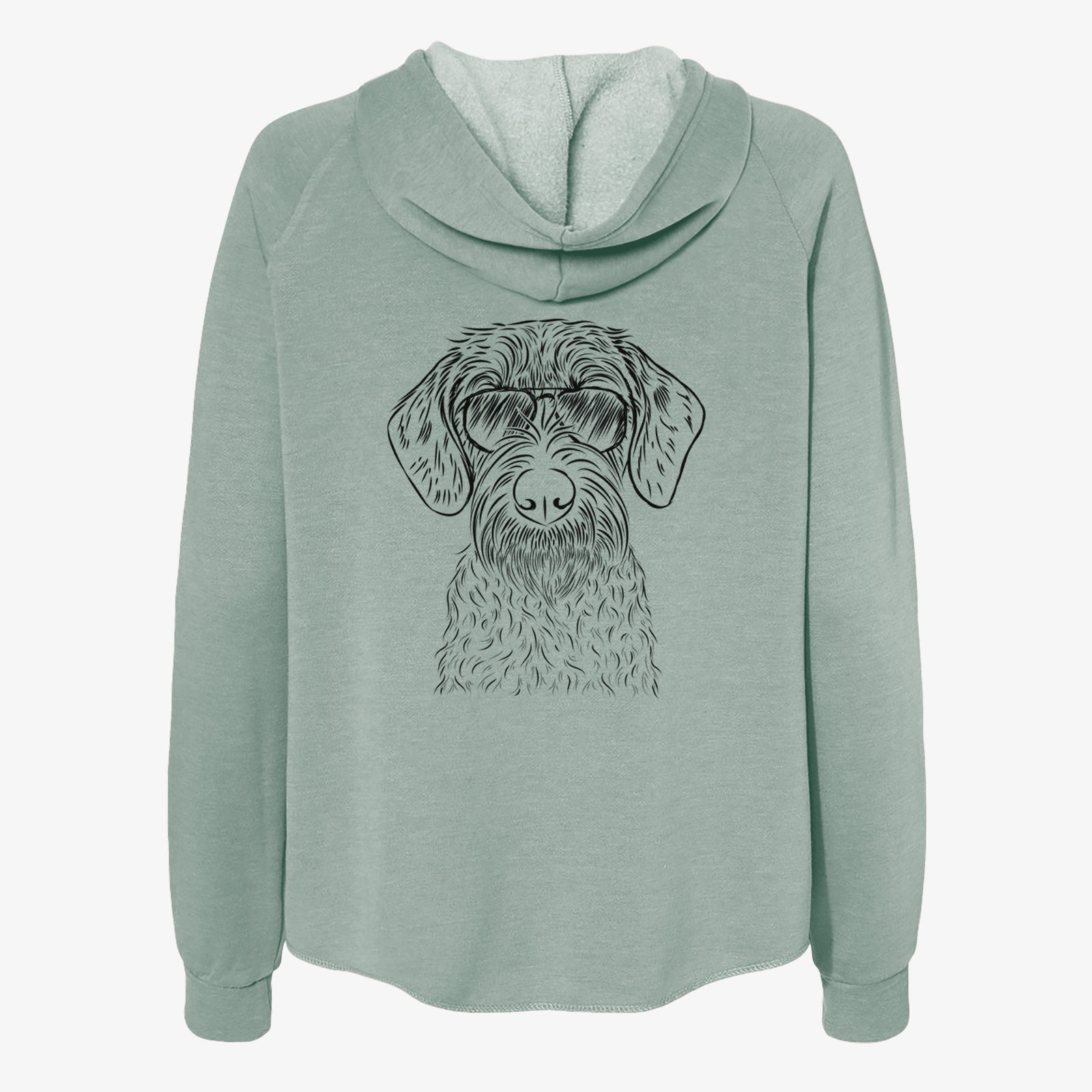 Hand-drawn sketch of Gus the German Wirehaired Pointer wearing aviator sunglasses on a Sage Women's cali wave zip-up sweatshirt