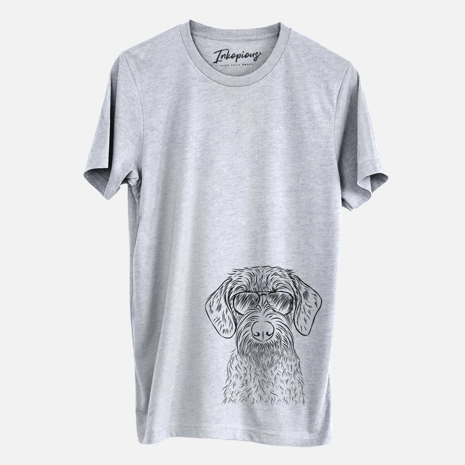 Hand-drawn sketch of Gus the German Wirehaired Pointer wearing aviator sunglasses on a Grey Unisex crewneck