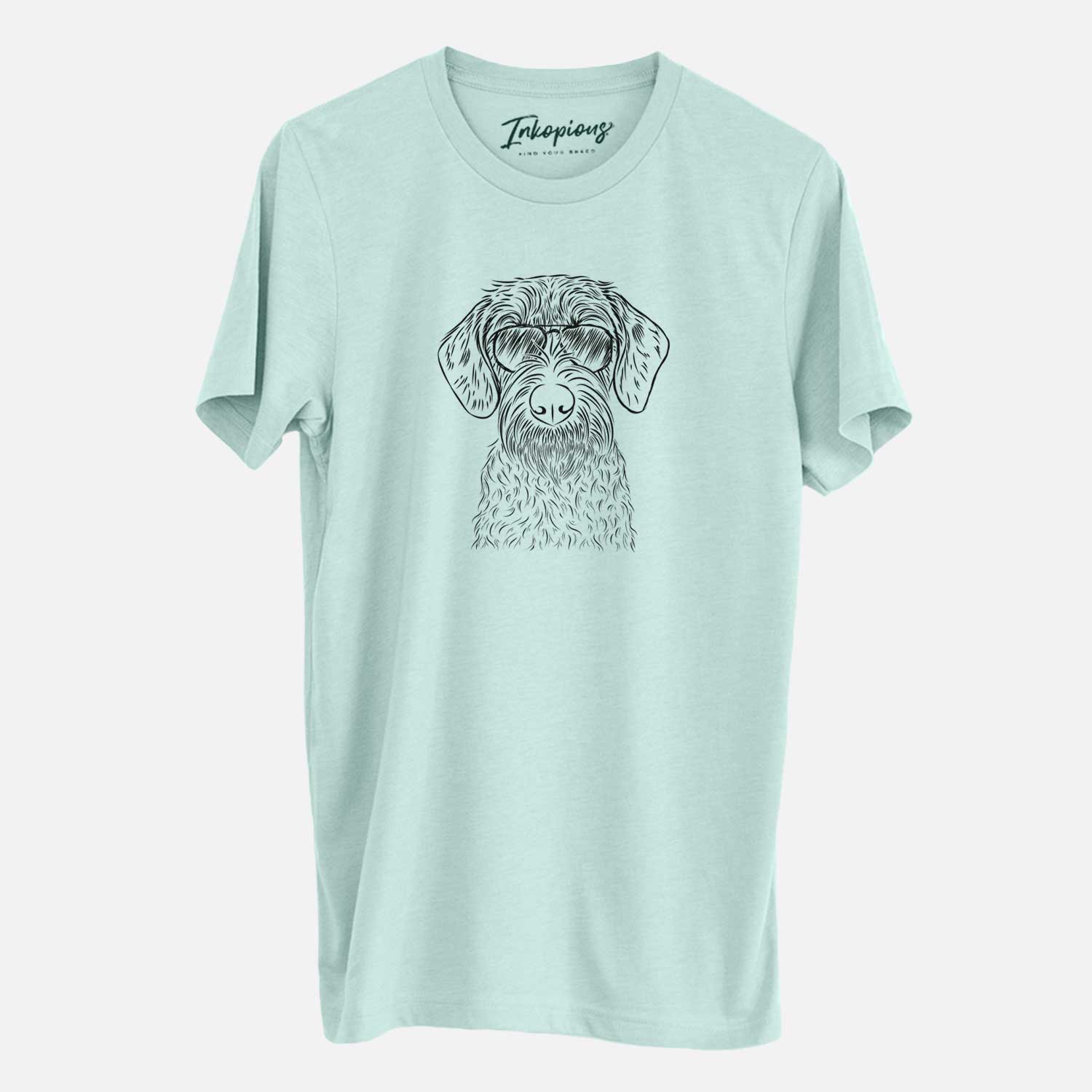 Hand-drawn sketch of Gus the German Wirehaired Pointer wearing aviator sunglasses on a Heather Sage Unisex crewneck