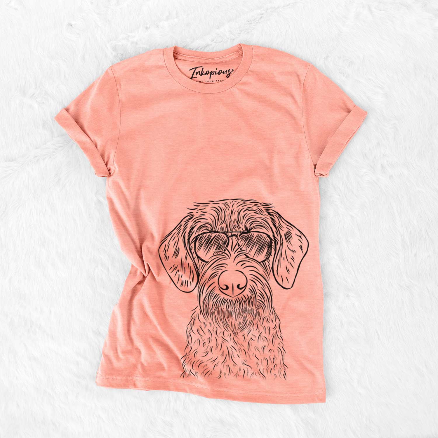 Hand-drawn sketch of Gus the German Wirehaired Pointer wearing aviator sunglasses on a Sunset Bella Canvas Unisex Crewneck