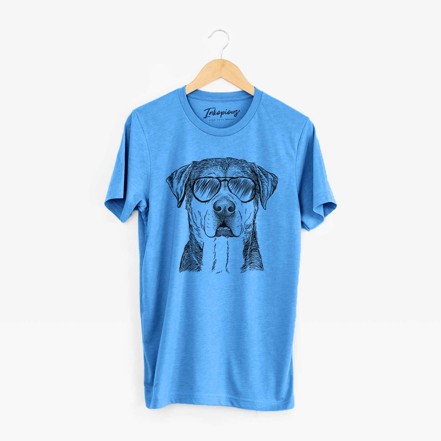 Hand-drawn sketch of Gus the Rottweiler Mix wearing aviator sunglasses on a Blue Unisex crewneck