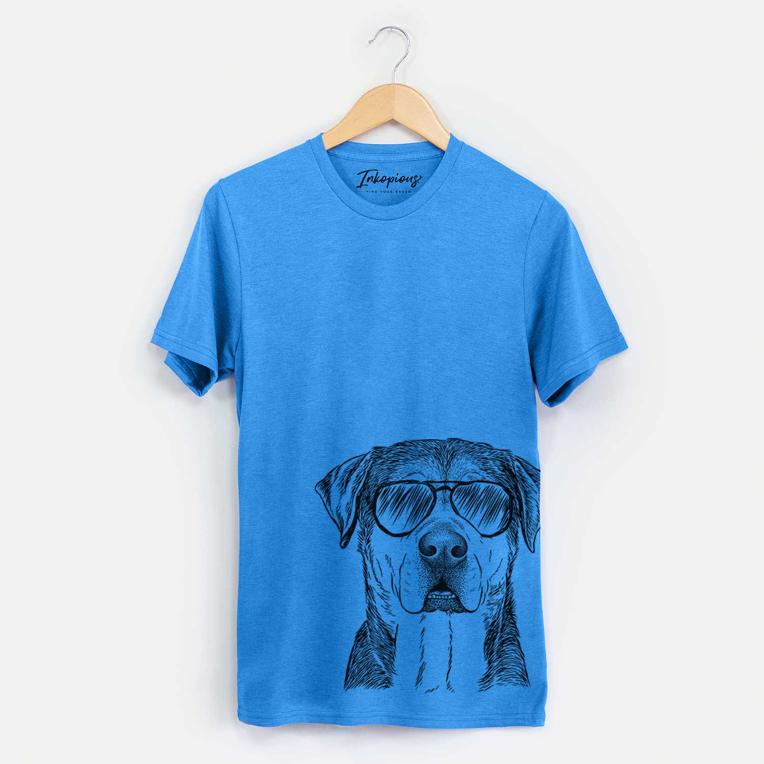 Hand-drawn sketch of Gus the Rottweiler Mix wearing aviator sunglasses on a Blue Unisex crewneck