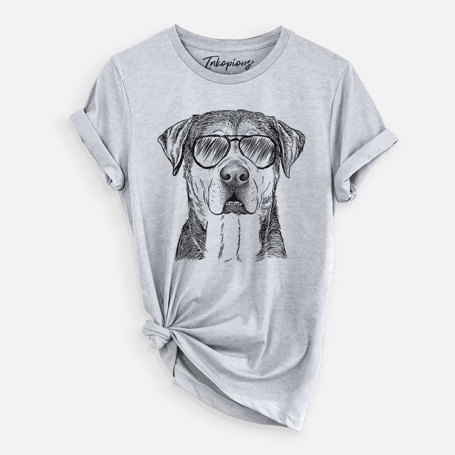 Hand-drawn sketch of Gus the Rottweiler Mix wearing aviator sunglasses on a Grey Unisex crewneck