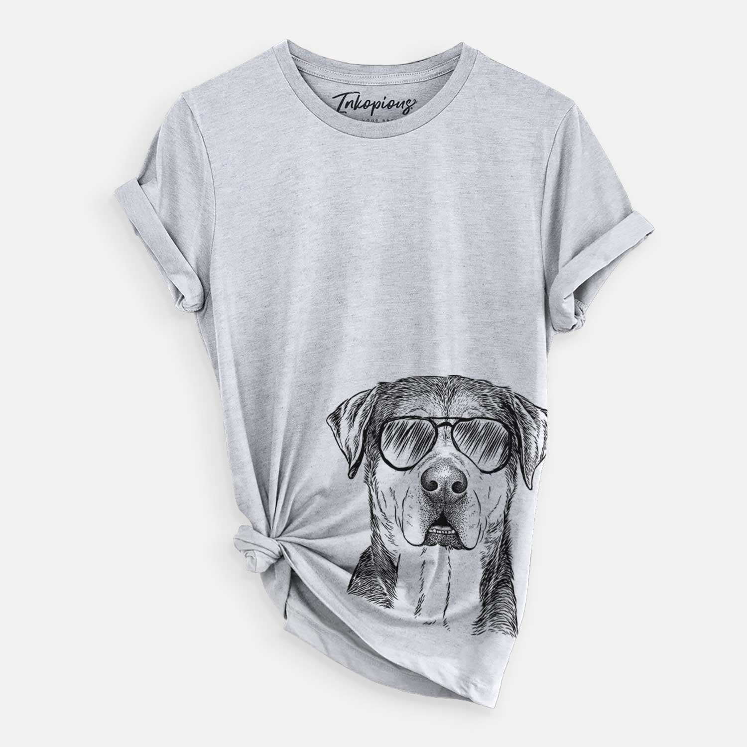 Hand-drawn sketch of Gus the Rottweiler Mix wearing aviator sunglasses on a Grey Unisex crewneck