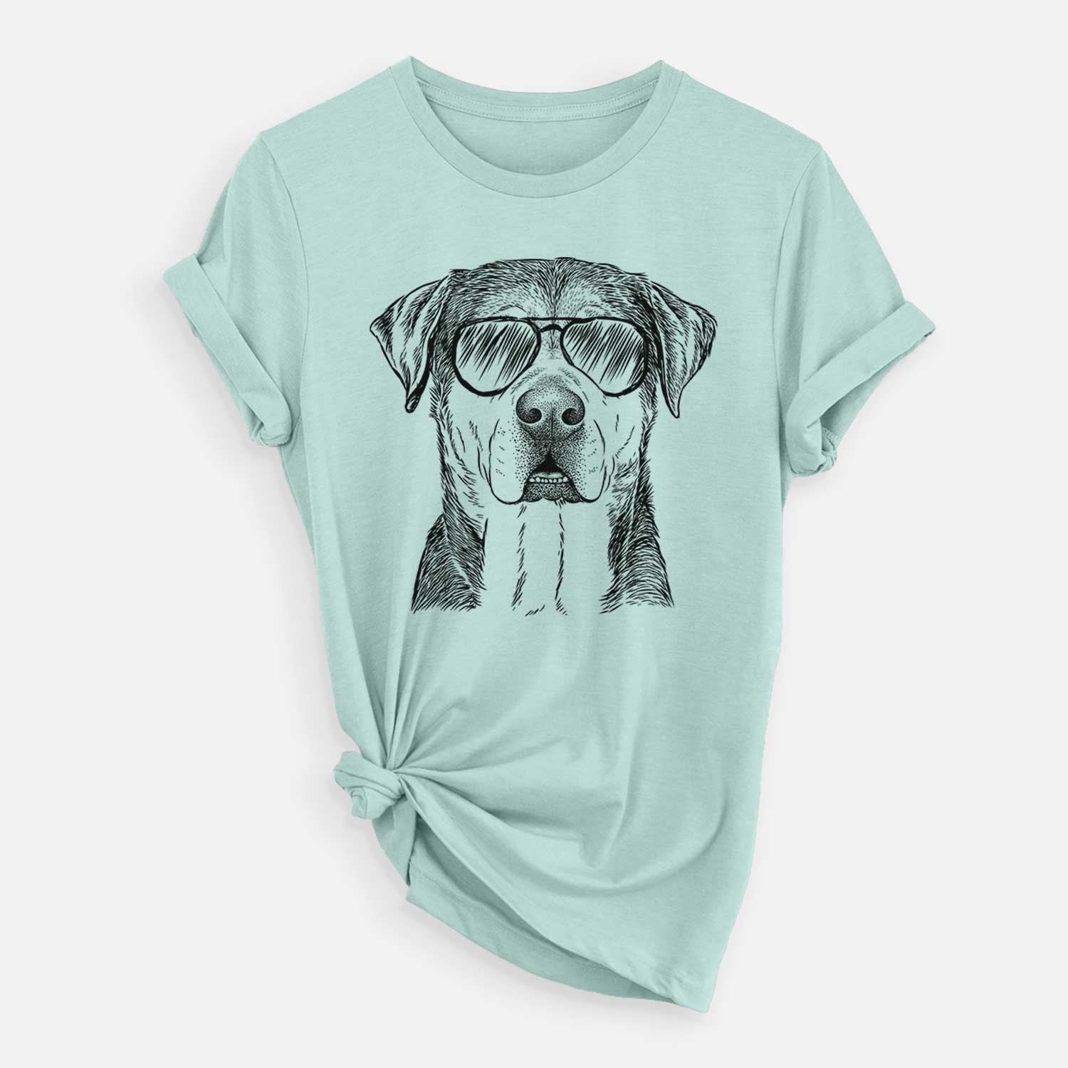Hand-drawn sketch of Gus the Rottweiler Mix wearing aviator sunglasses on a Heather Sage Unisex crewneck