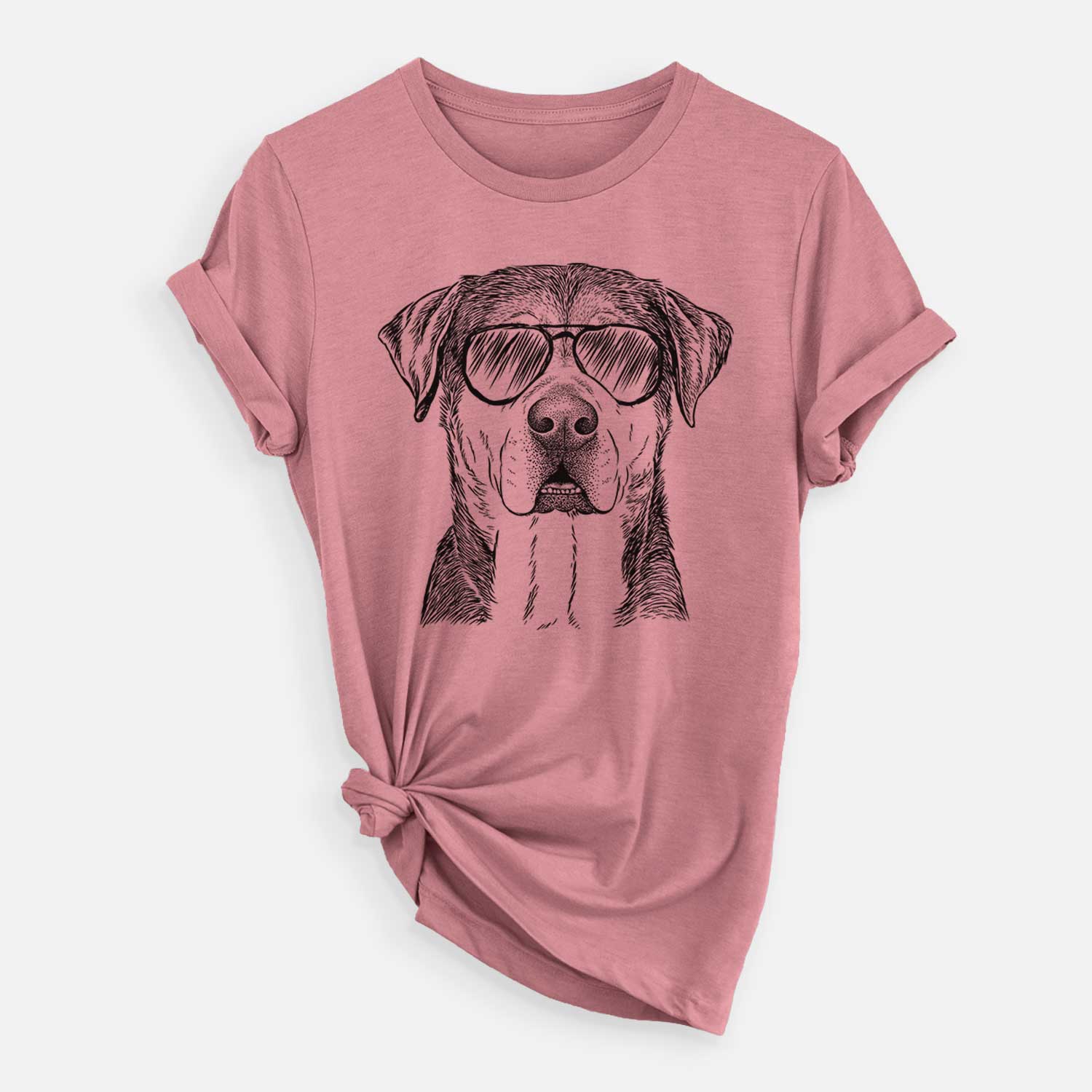 Hand-drawn sketch of Gus the Rottweiler Mix wearing aviator sunglasses on a Mauve Unisex crewneck