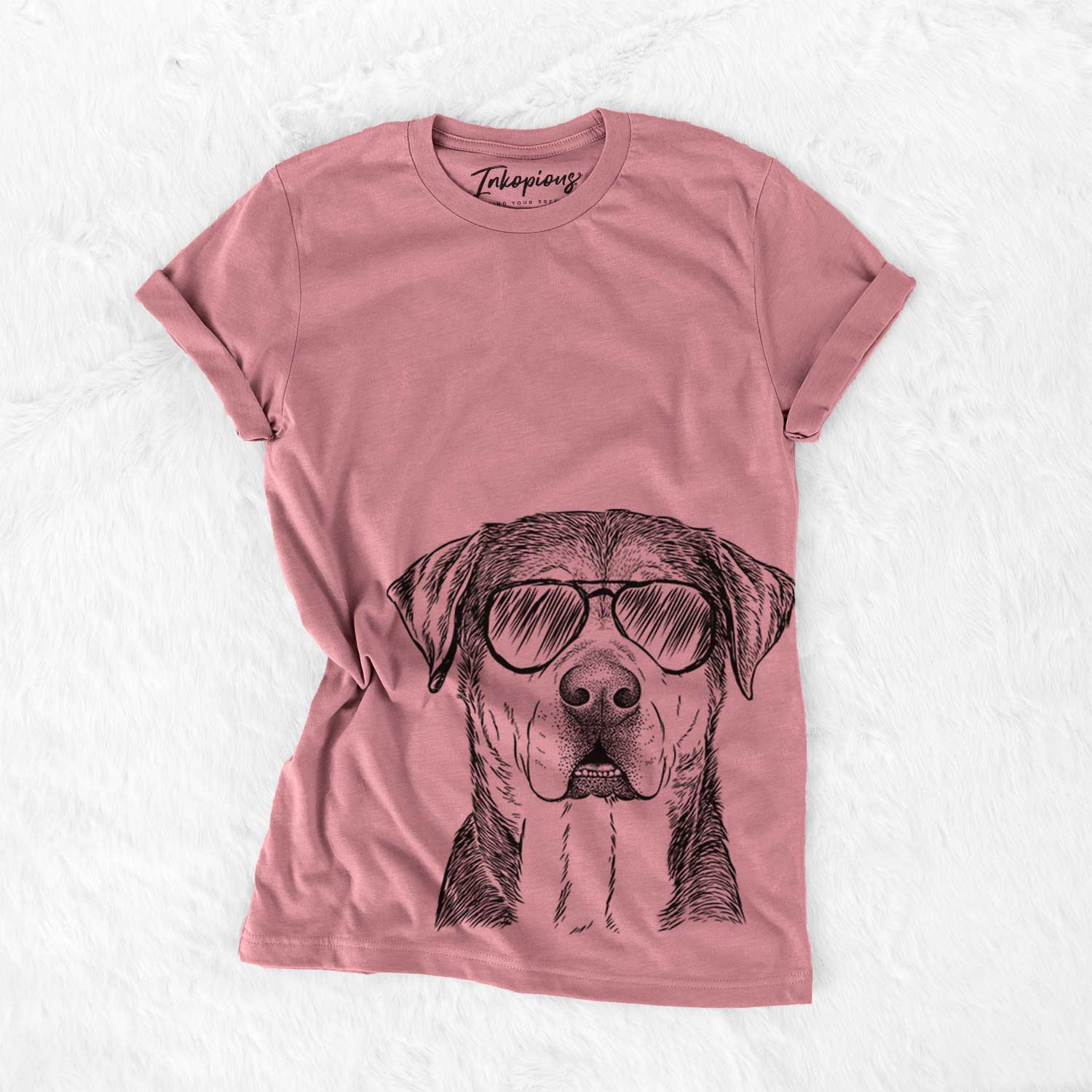 Hand-drawn sketch of Gus the Rottweiler Mix wearing aviator sunglasses on a Mauve Unisex crewneck