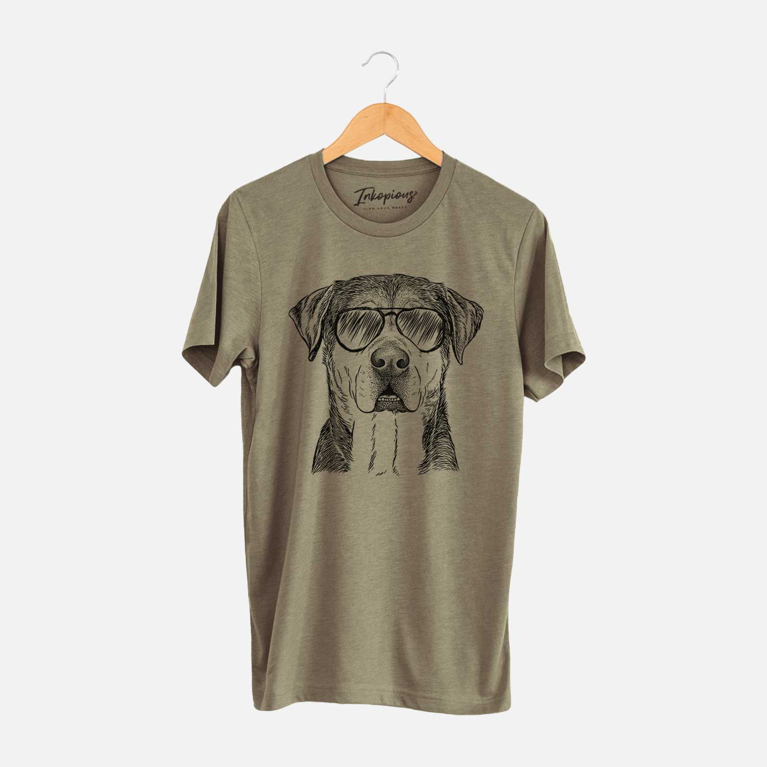 Hand-drawn sketch of Gus the Rottweiler Mix wearing aviator sunglasses on an Olive Unisex crewneck