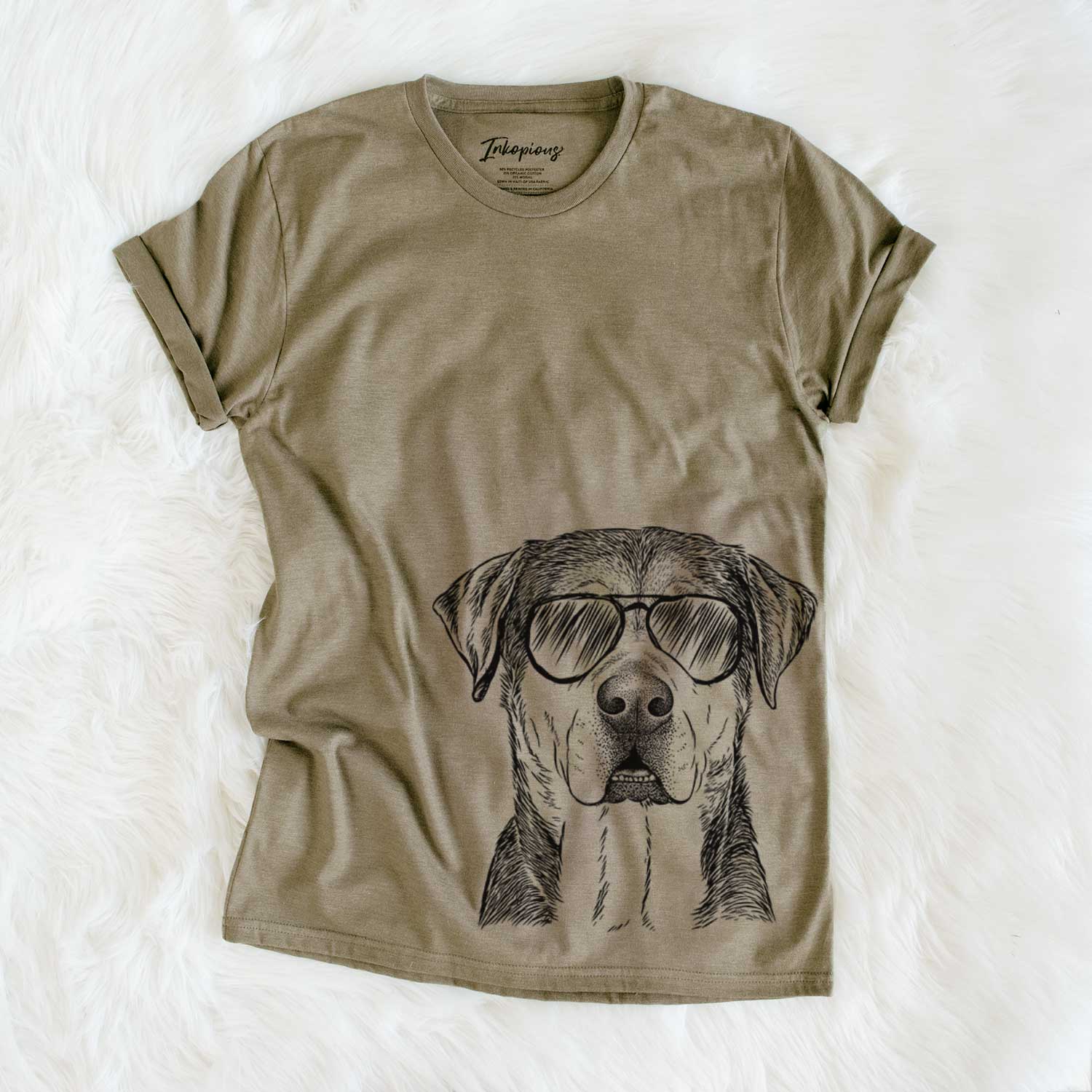 Hand-drawn sketch of Gus the Rottweiler Mix wearing aviator sunglasses on an Olive Unisex crewneck