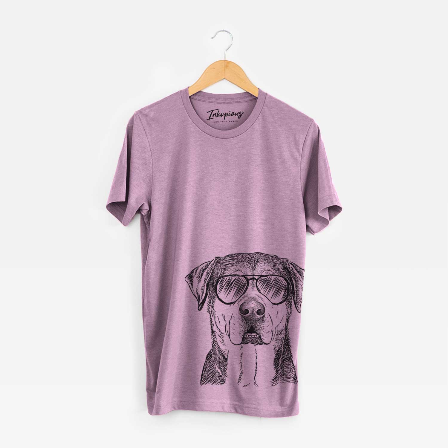 Hand-drawn sketch of Gus the Rottweiler Mix wearing aviator sunglasses on an Orchid Unisex crewneck