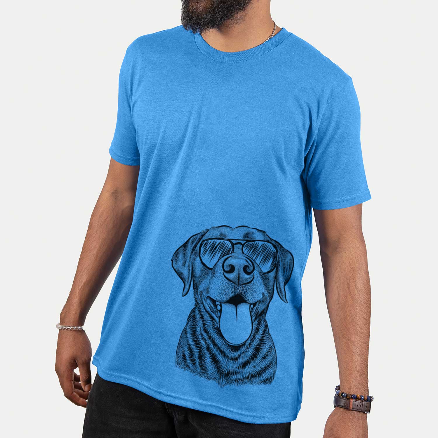 Hand-drawn sketch of Gwen the Labrador Retriever wearing aviator sunglasses on a Blue Unisex crewneck