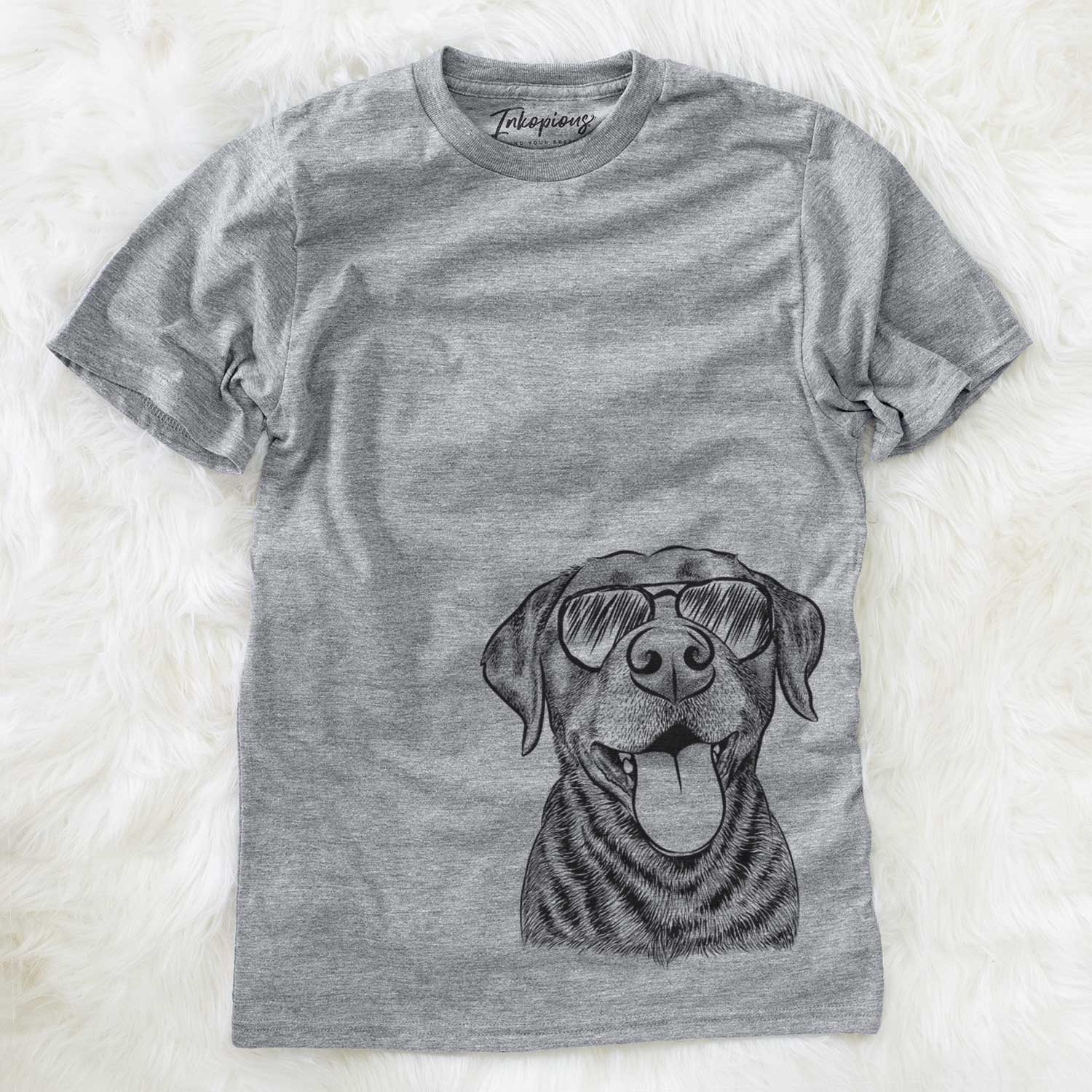 Hand-drawn sketch of Gwen the Labrador Retriever wearing aviator sunglasses on a Grey Unisex crewneck