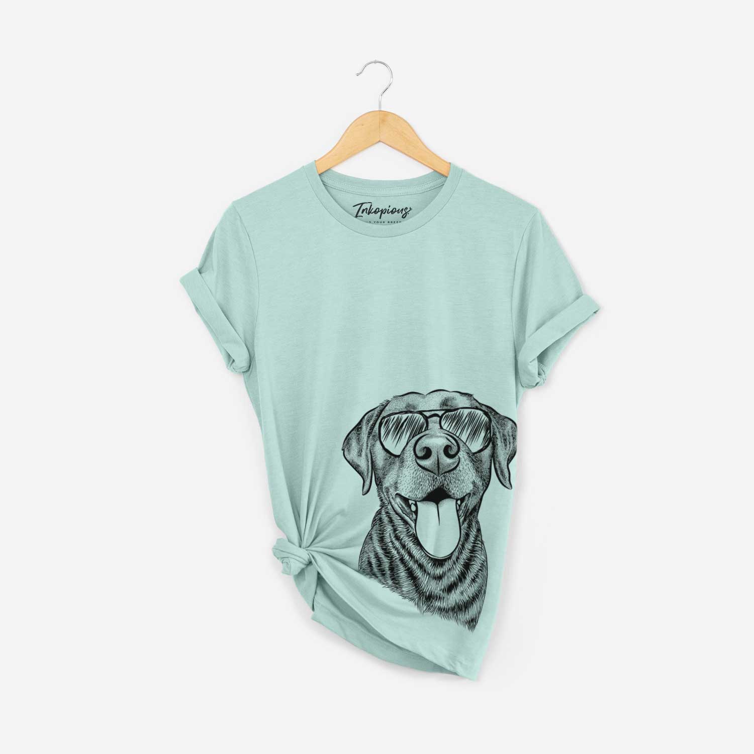 Hand-drawn sketch of Gwen the Labrador Retriever wearing aviator sunglasses on a Heather Sage Bella Canvas Unisex Crewneck