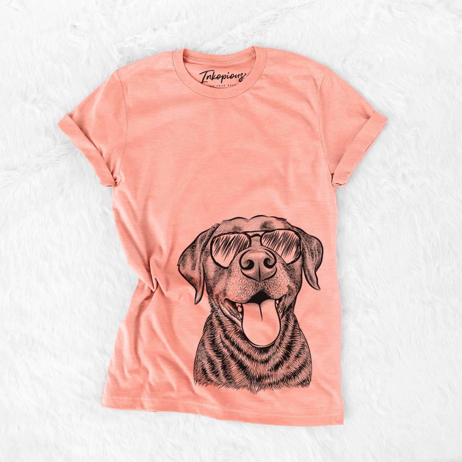 Hand-drawn sketch of Gwen the Labrador Retriever wearing aviator sunglasses on a Sunset Bella Canvas Unisex Crewneck