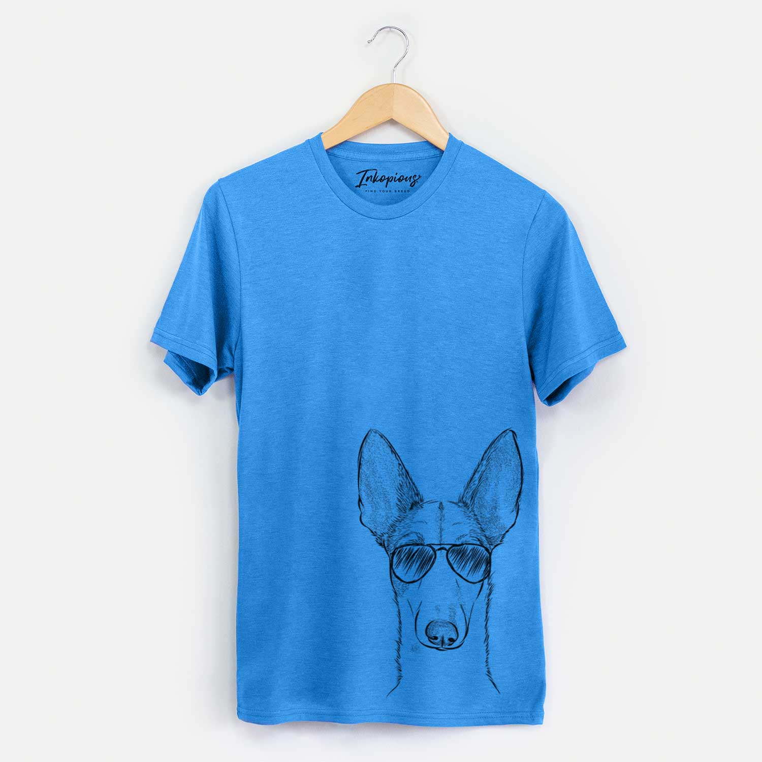 Hand-drawn sketch of Halo the Ibizan Sight Hound wearing aviator sunglasses on a Blue Unisex crewneck