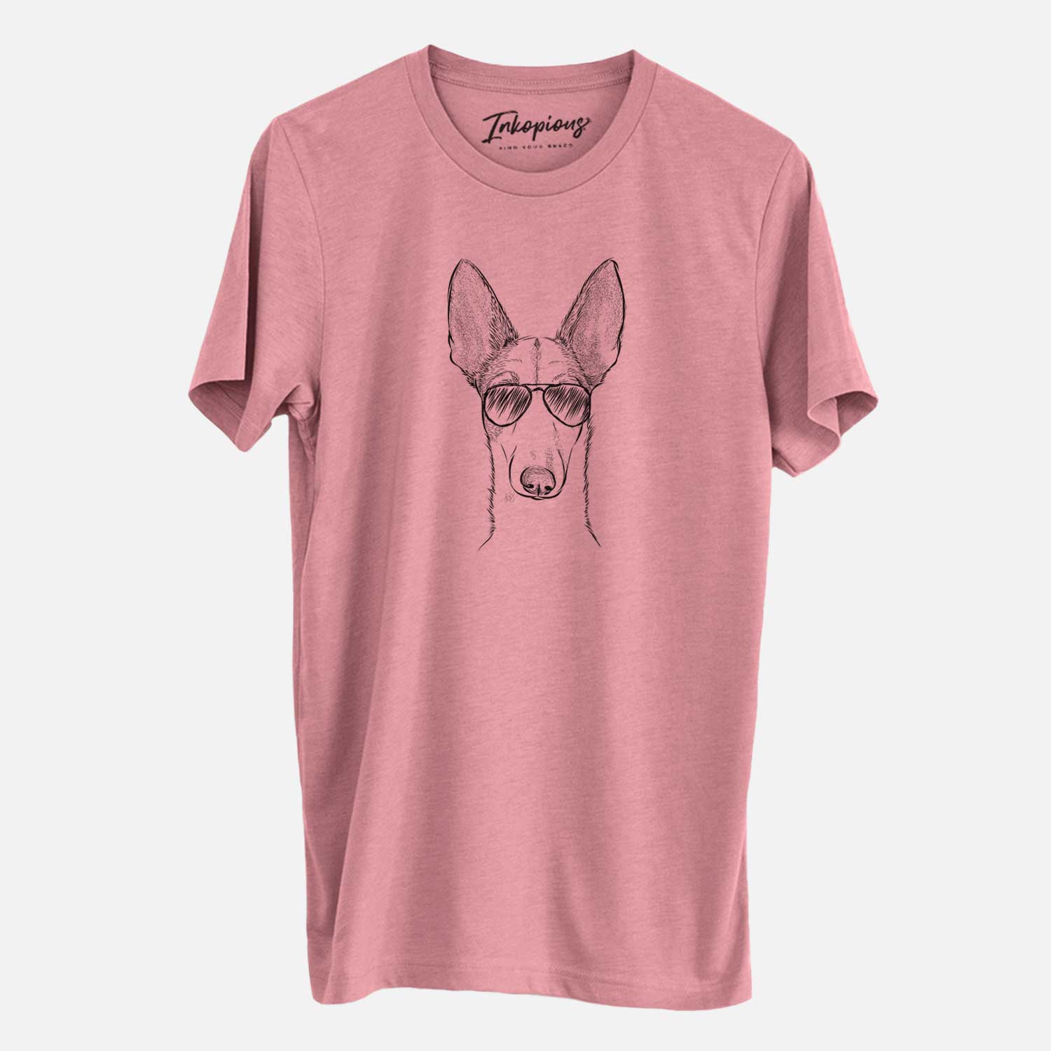 Hand-drawn sketch of Halo the Ibizan Sight Hound wearing aviator sunglasses on a Mauve Unisex crewneck
