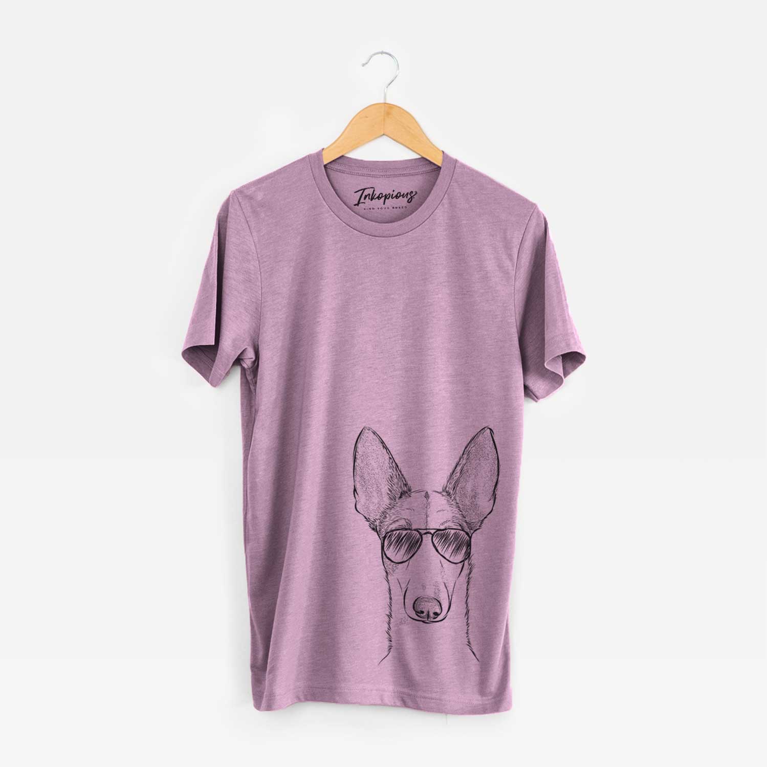 Hand-drawn sketch of Halo the Ibizan Sight Hound wearing aviator sunglasses on an Orchid Unisex crewneck